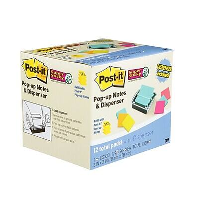 Post-it Super Sticky Pop-up Notes & Dispenser

- 12 total pads with Dispenser
- 3M pads
- 3" x 3" (76 mm x 76 mm)
- 900 notes per pad
- Total 1280 notes
- DS330 (76 mm x 76 mm x 3 mm)
- 3" x 3" x 0.25" (76 mm x 76 mm x 6.4 mm)