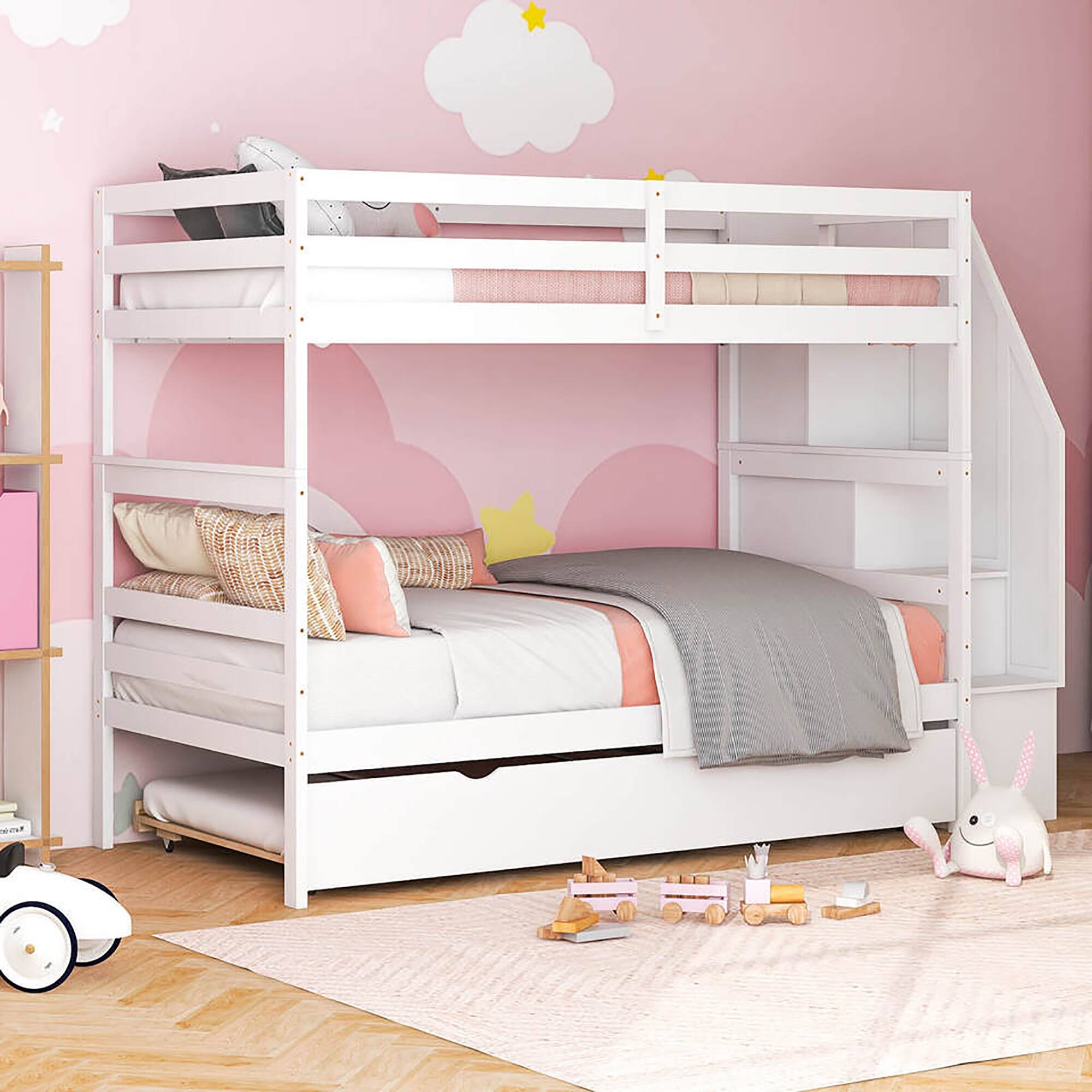 Alt View 5. Gymax - Gymax Twin over Twin Wooden Bunk Bed w/ Trundle Storage Stairs Convertible White - White.