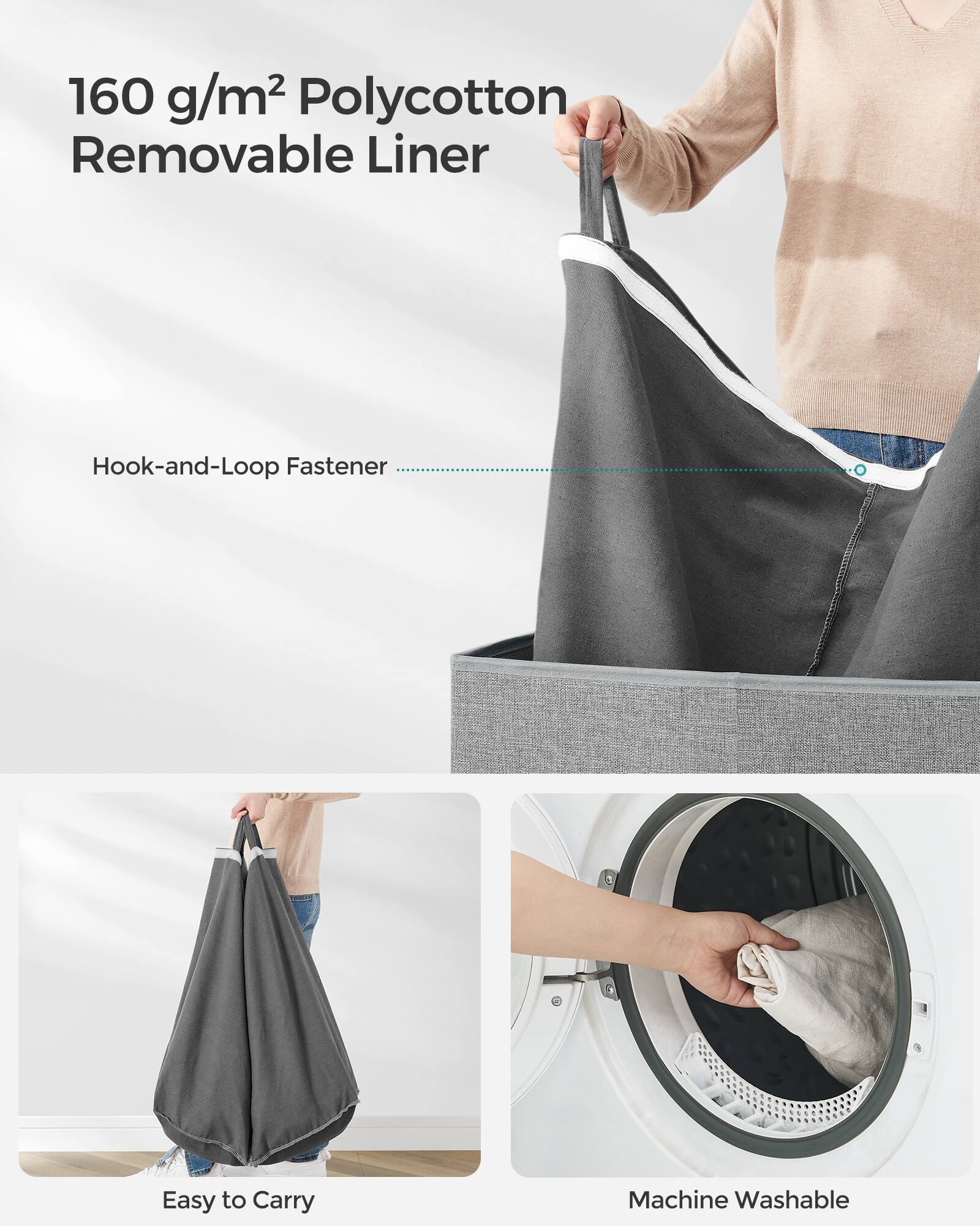 160 g/m² Polycotton  
Removable Liner  

Hook-and-Loop Fastener  

Easy to Carry  

Machine Washable