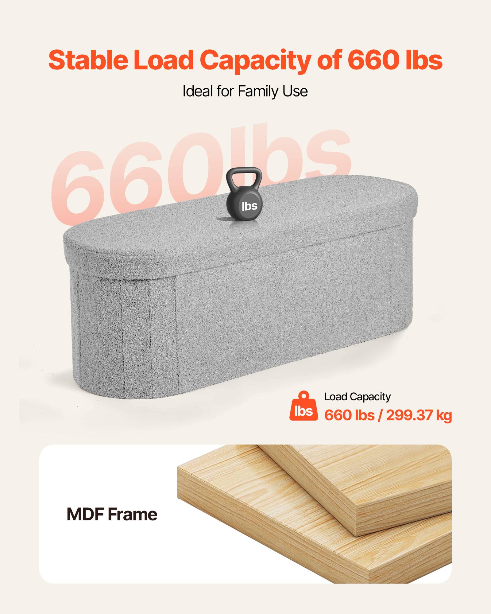 Stable Load Capacity of 660 lbs  
Ideal for Family Use  

660 lbs / 299.37 kg  

MDF Frame