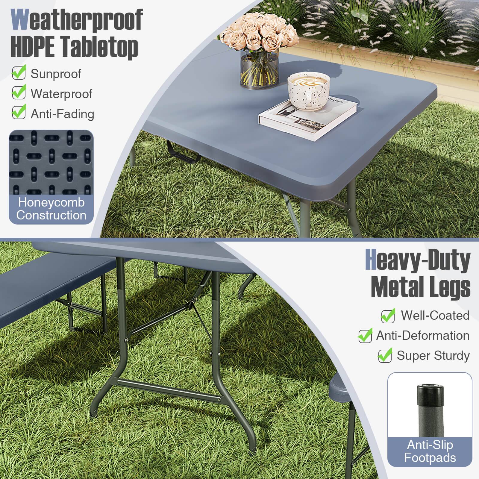 Weatherproof HDPE Tabletop  
- Sunproof  
- Waterproof  
- Anti-Fading  
- Honeycomb Construction  

Heavy-Duty Metal Legs  
- Well-Coated  
- Anti-Deformation  
- Super Sturdy  
- Anti-Slip Footpads