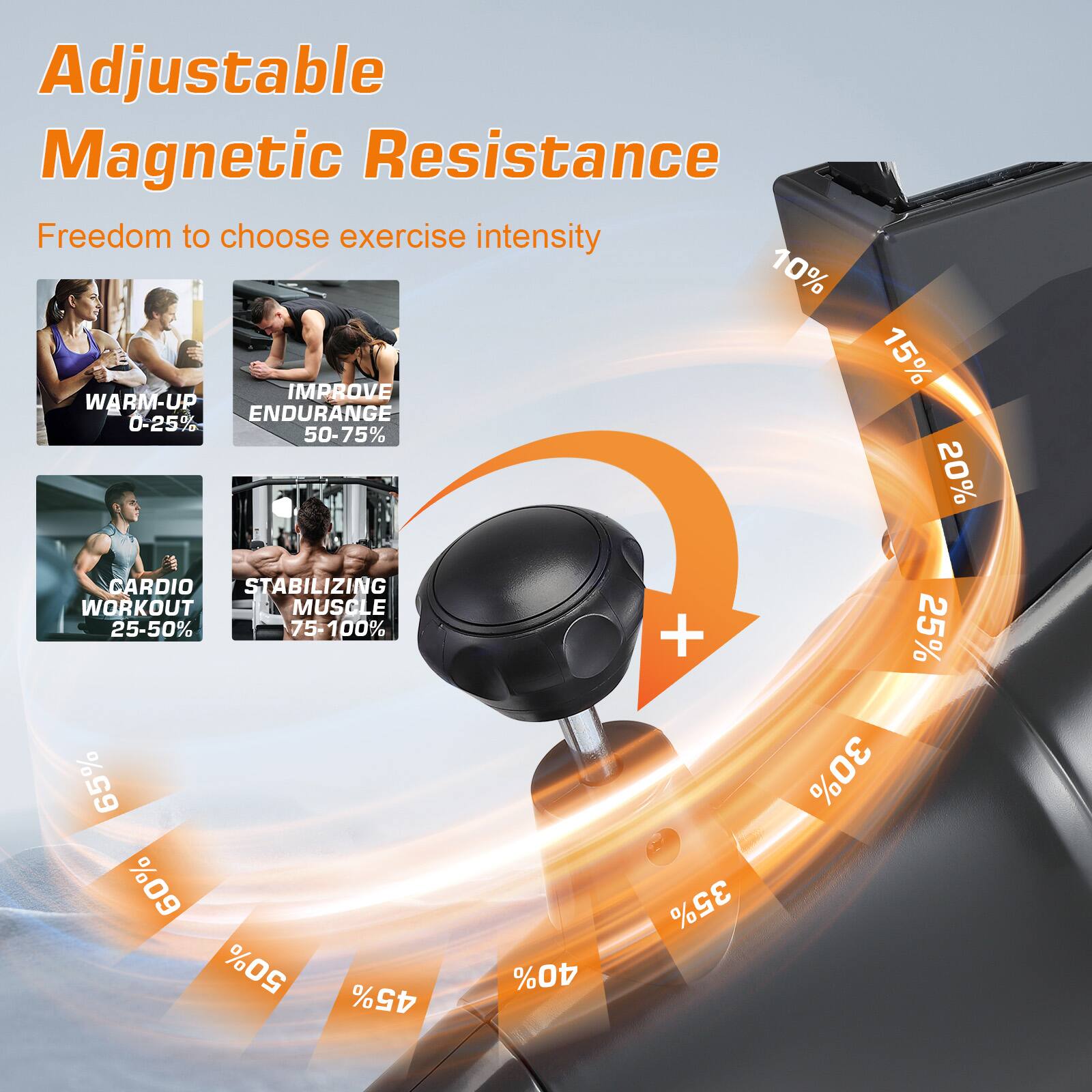 Adjustable Magnetic Resistance  
Freedom to choose exercise intensity  

- WARM-UP: 0-25%  
- IMPROVE ENDURANCE: 50-75%  
- CARDIO WORKOUT: 25-50%  
- STABILIZING MUSCLE: 75-100%  

10%  
15%  
20%  
25%  
30%  
35%  
40%  
45%  
50%  
55%  
60%  
65%  
70%  
75%
