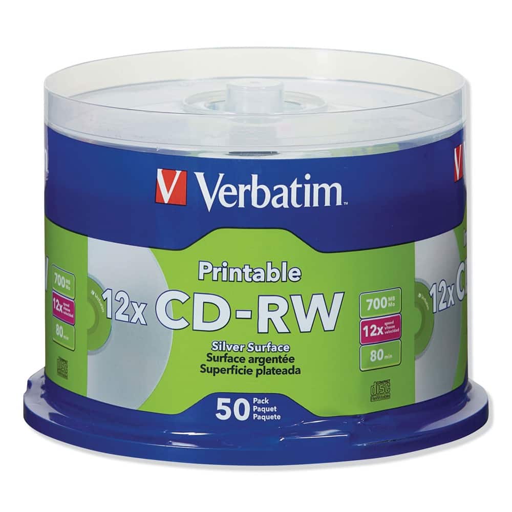 Verbatim - 95159 700 MB/80 min. Printable Spindle 4X CD-RW Discs - (50/Pack) - Silver