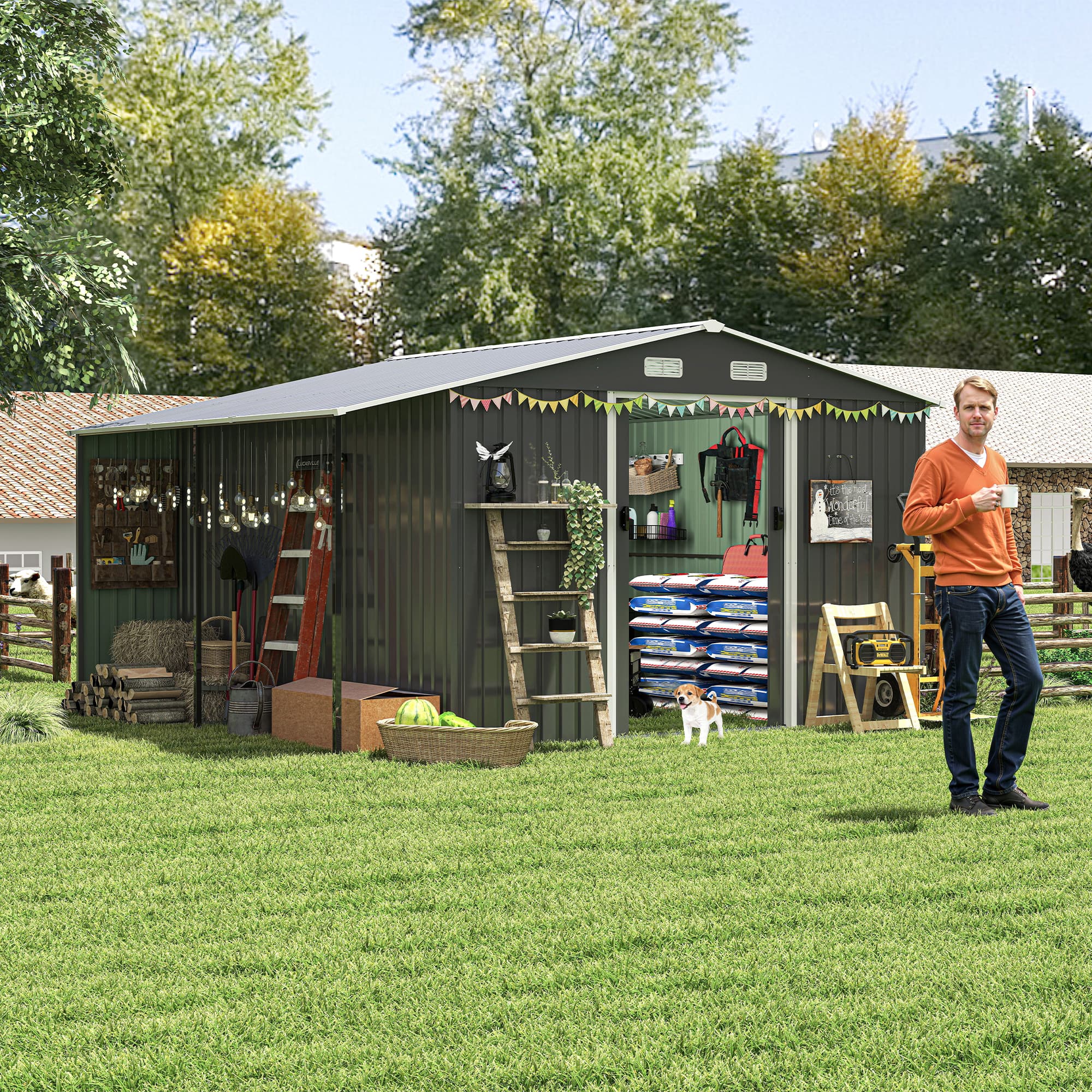 TinyHomie - 10x12 FT Outdoor Storage Shed Extra Large Metal Shed with Lockable Doors Windows Outside Steel Tiny House