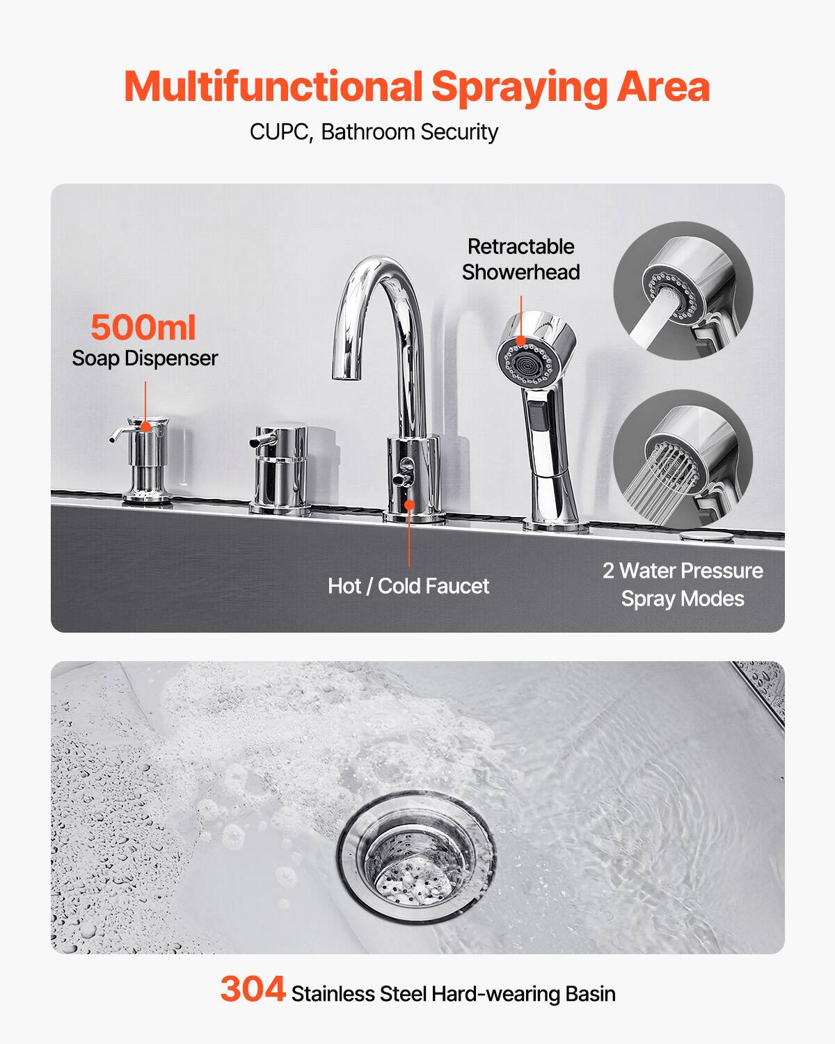 Multifunctional Spraying Area  
CUPC, Bathroom Security  

500ml Soap Dispenser  
Hot / Cold Faucet  
Retractable Showerhead  
2 Water Pressure Spray Modes  

304 Stainless Steel Hard-wearing Basin