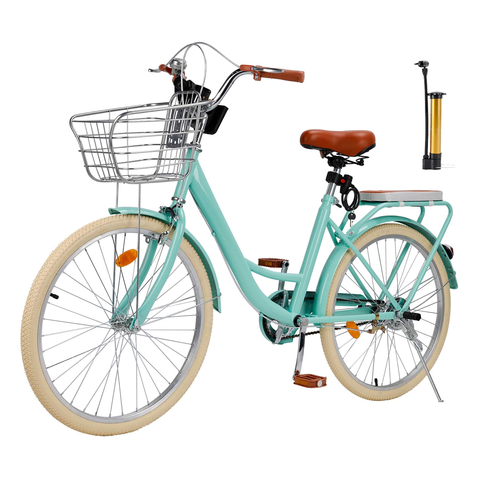 Topteng - 24" Beach Cruiser Bike for Men/Women with Cup Holder, High Carbon Steel Frame, Dual Brakes, Rear Rack and Basket - Green