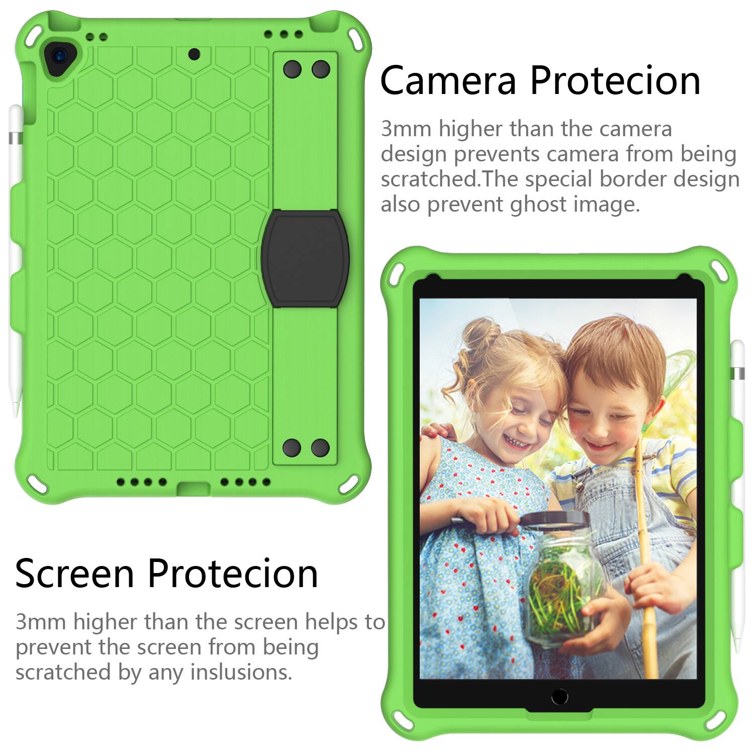 Camera Protection  
3mm higher than the camera design prevents the camera from being scratched. The special border design also prevents ghost image.  

Screen Protection  
3mm higher than the screen helps to prevent the screen from being scratched by any inclusions.