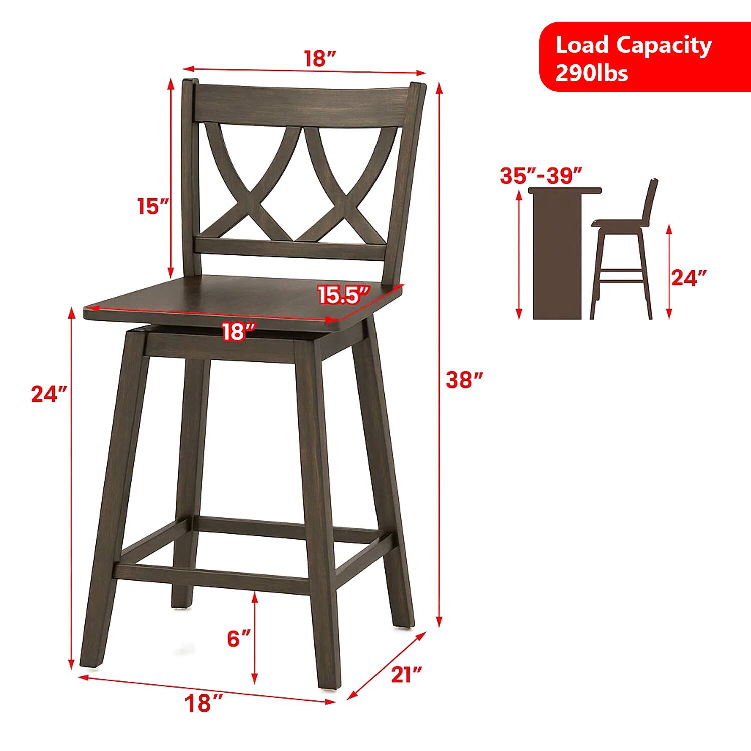 18" Load Capacity 290lbs  
15"  
15.5"  
18"  
24"  
24"  
38"  
6"  
18"  
21"  
35"-39"