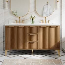 WELLFOR - 60 in Solid Bathroom Vanity with Sink, Wood Bathroom Cabinet with 4 Soft-close Doors &3 Dovetail Drawers - Oak