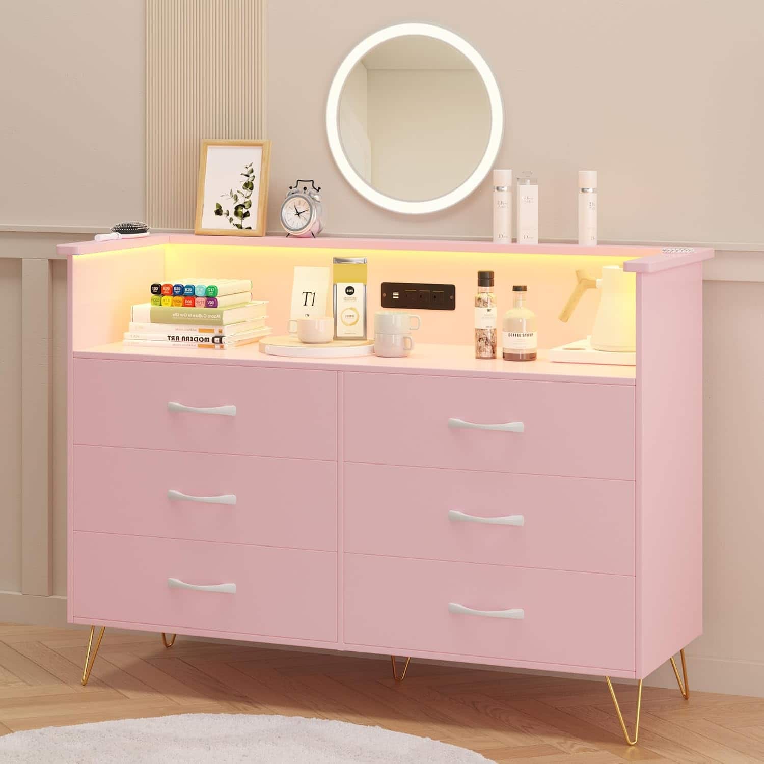 GARVEE - 6 Drawer Pink Dresser for Bedroom, Modern Wooden Storage Chest with LED Light, Stylish TV Stand Cabinet for Hallway - Soft Pink