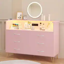 GARVEE - 6 Drawer Pink Dresser for Bedroom, Modern Wooden Storage Chest with LED Light, Stylish TV Stand Cabinet for Hallway - Soft Pink