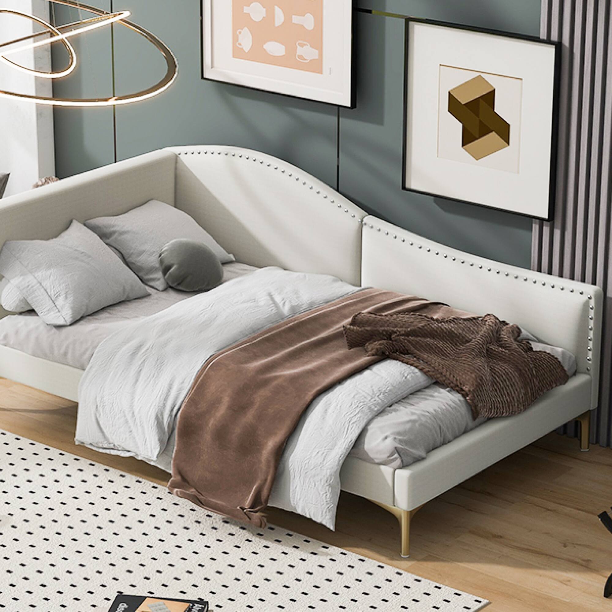 Alt View 5. GOODSILO - Twin Size Upholstered Daybed with Headboard and Armrest, Sturdy Support Legs - Beige.