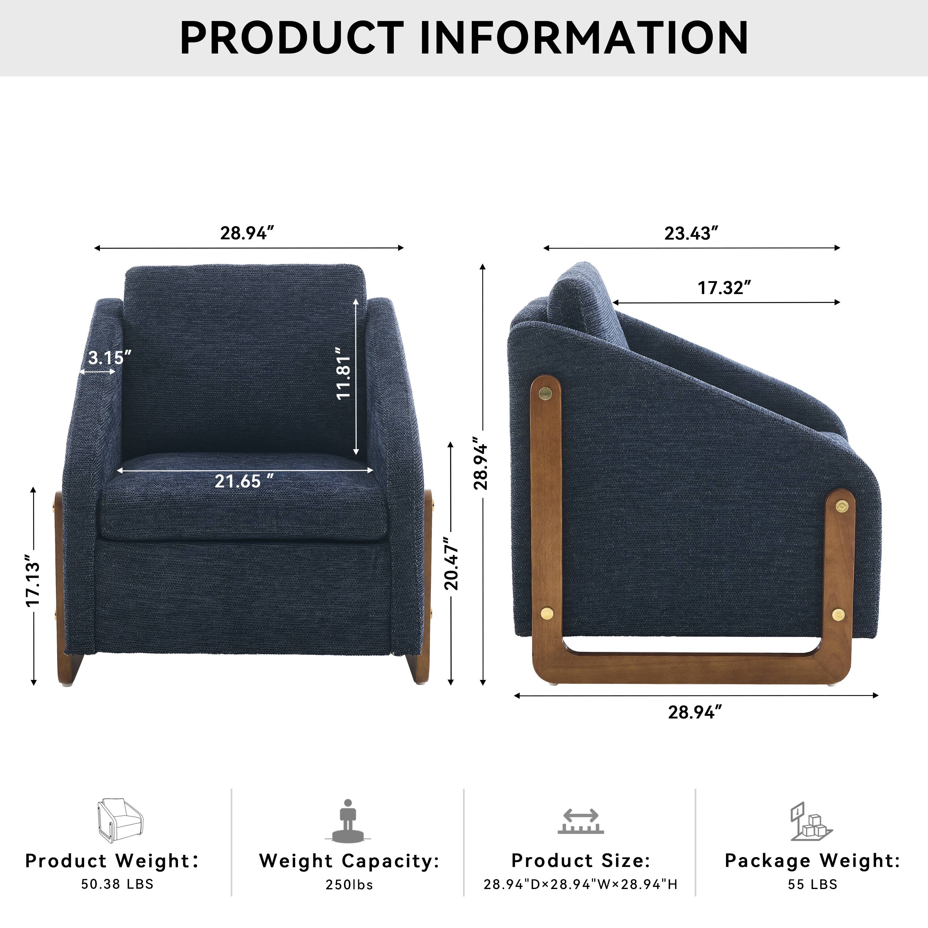 **PRODUCT INFORMATION**

- **Dimensions:**
  - 28.94" (Width)
  - 23.43" (Depth)
  - 17.32" (Height)
  - 17.13" (Seat Height)
  - 3.15" (Armrest Height)
  - 11.81" (Back Height)
  - 21.65" (Seat Depth)
  - 20.47" (Seat Width)
  - 28.94" (Overall Height)

- **Product Weight:** 50.38 LBS

- **Weight Capacity:** 250 LBS

- **Product Size:** 28.94"D x 28.94"W x 28.94"H

- **Package Weight:** 55 LBS