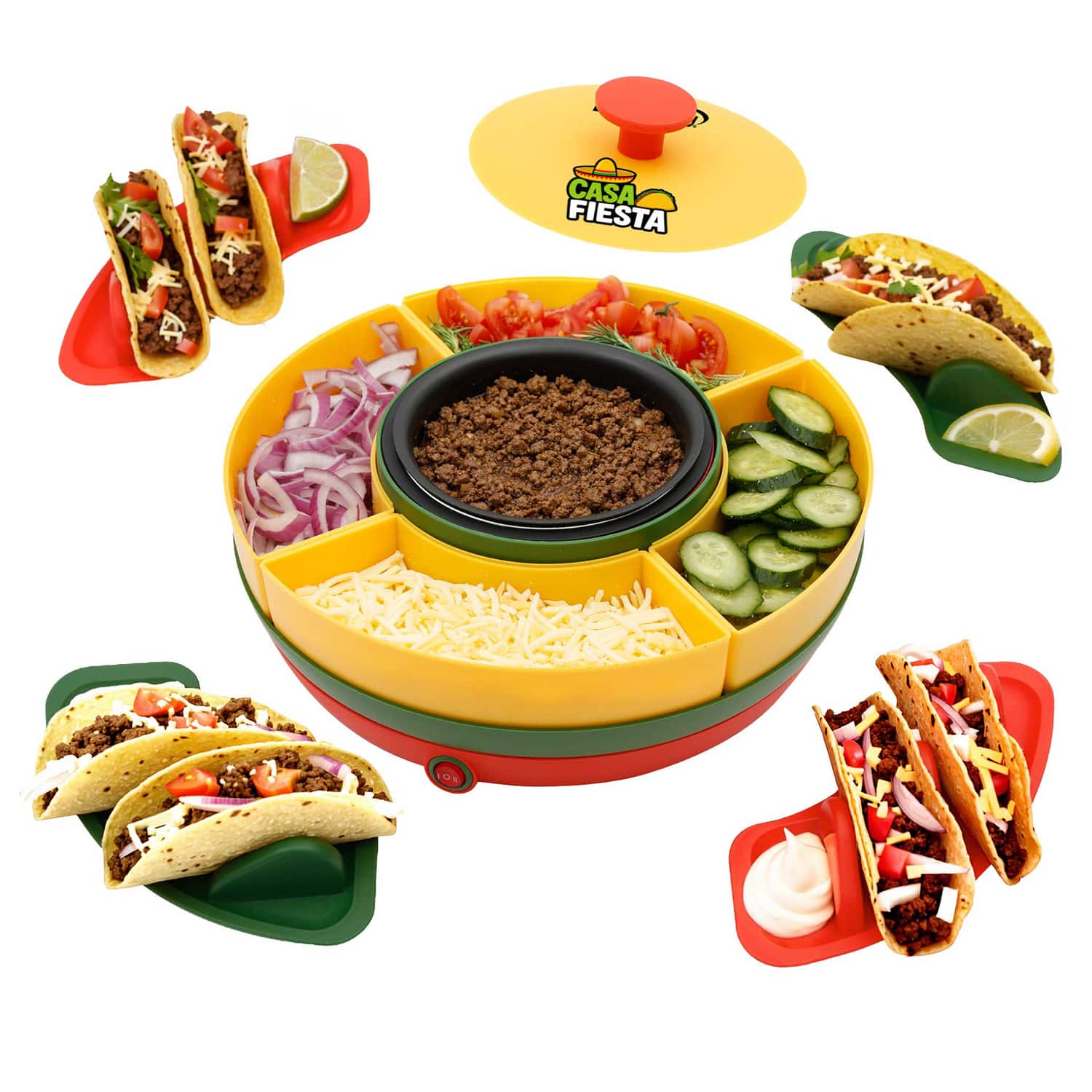 Brentwood - Heated Taco Bar Serving Set, 4 Taco Holders, 20 oz Warming Pot, 6 Filling Trays, Spinning Lazy Susan - Multicolor