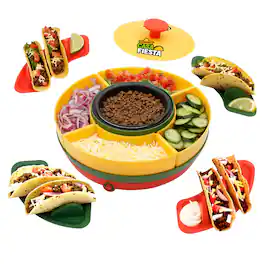 Brentwood - Heated Taco Bar Serving Set, 4 Taco Holders, 20 oz Warming Pot, 6 Filling Trays, Spinning Lazy Susan - Multicolor