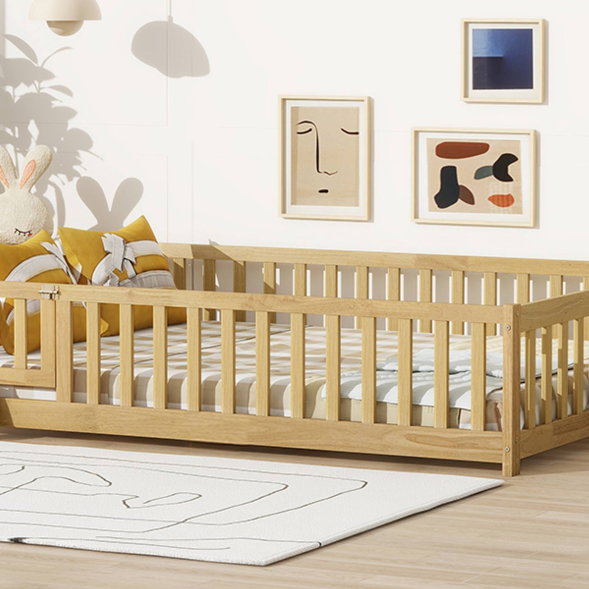 Alt View 4. GOODSILO - Full Size Low Profile Children's Floor Bed with Safety Guardrails and Entry Door, Solid Wood Construction - Natural.