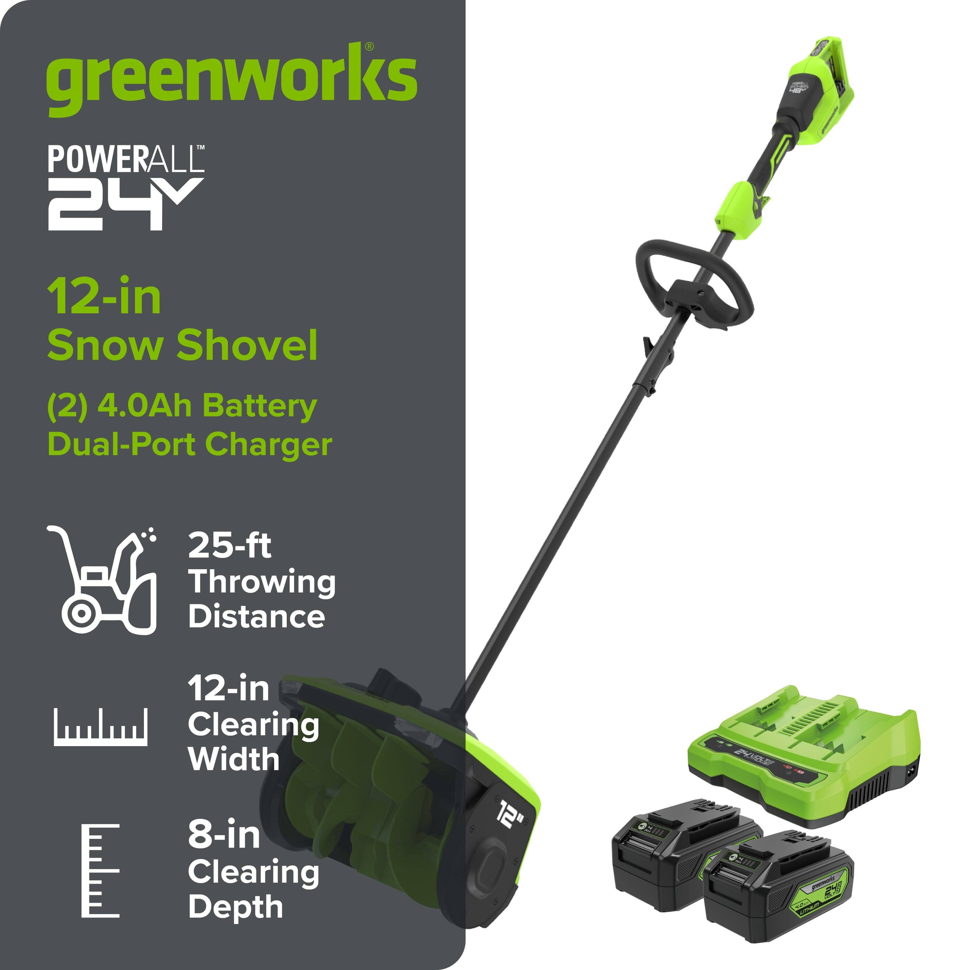 greenworks - POWERALL 24V 12-in Snow Shovel (2) 4.0Ah Battery Dual-Port Charger 25-ft Throwing Distance 12-in Clearing Width 8-in Clearing Depth