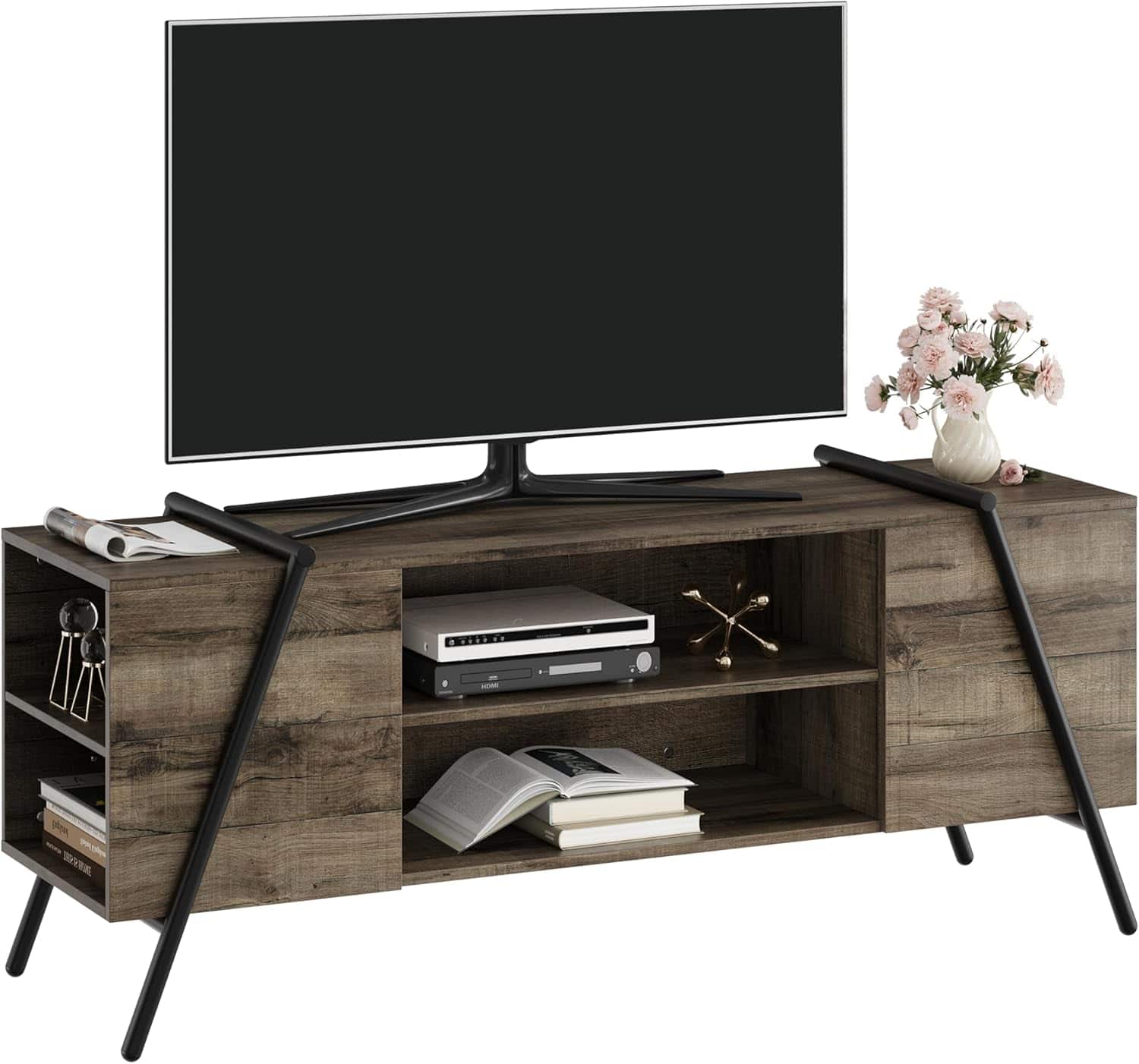 Qeetex - 55" Modern TV Stand, Adjustable Shelf, U-Shaped Legs & Cable Management - Rustic Grey