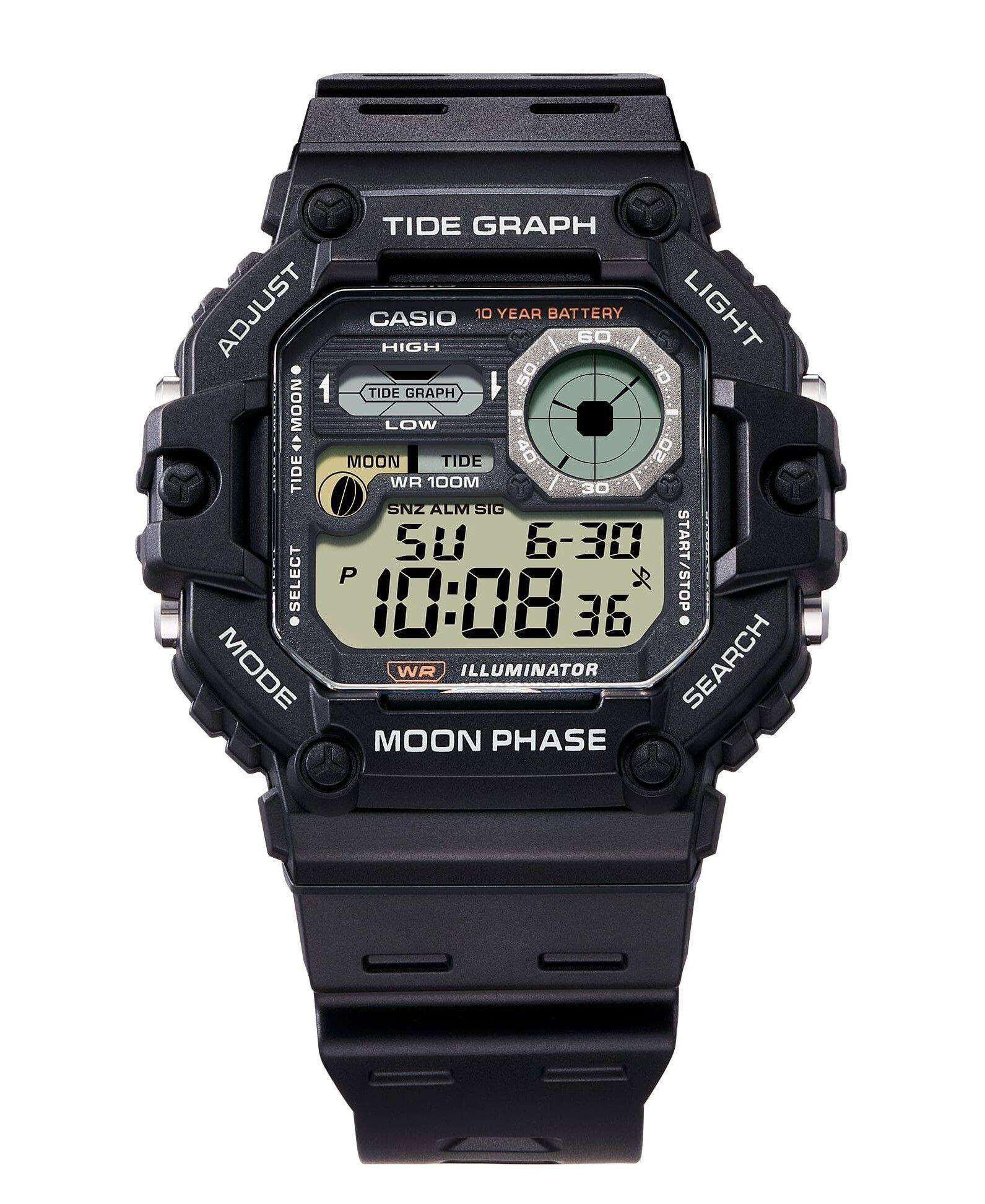 TIDE GRAPH  
CASIO  
10 YEAR BATTERY  
HIGH  
TIDE GRAPH  
MOON  
LOW  
TIDE  
WR 100M  
SNZ ALM SIG  
ILLUMINATOR  
SEARCH  
MOON PHASE  
LIGHT  
ADJUST  
SELECT  
MODE  
START/STOP  
WR  
P 10:08 36  
6-30
