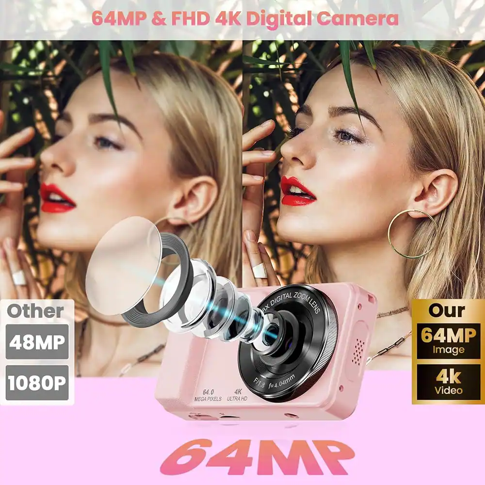 ACJPR - 64MP 4K Digital Camera, 18X Zoom, Autofocus, 64GB Card, Pink