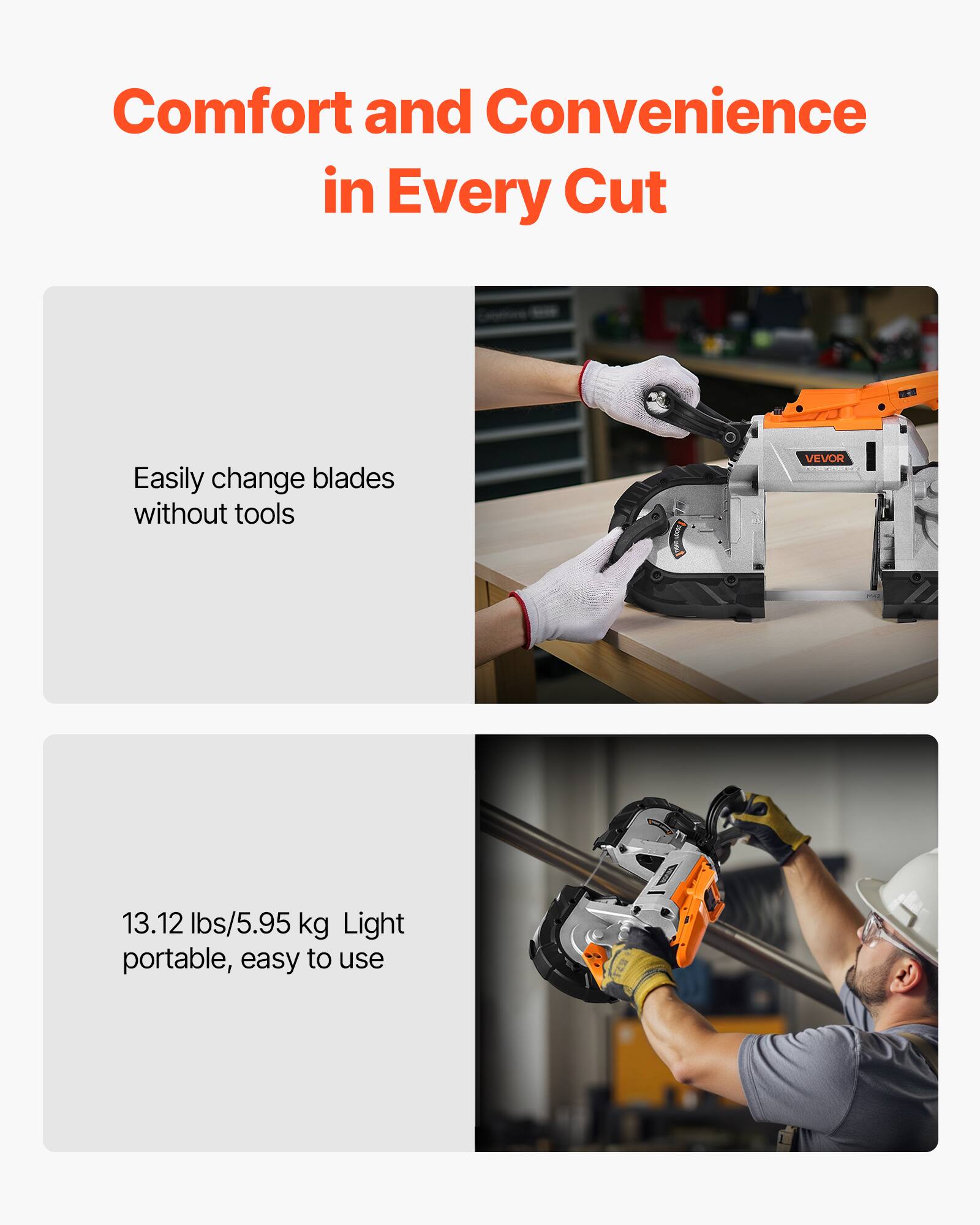 Comfort and Convenience in Every Cut

Easily change blades without tools

VEVOR

13.12 lbs/5.95 kg Light portable, easy to use