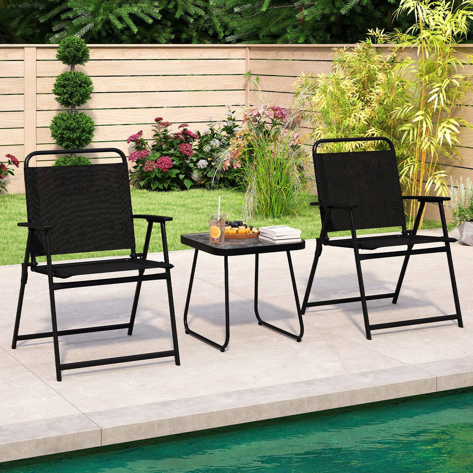 Alt View 4. Gymax - Gymax 3-Piece Patio Furniture Set Folding Fabric Chairs & Marble-Like Top Coffee Table - Black.