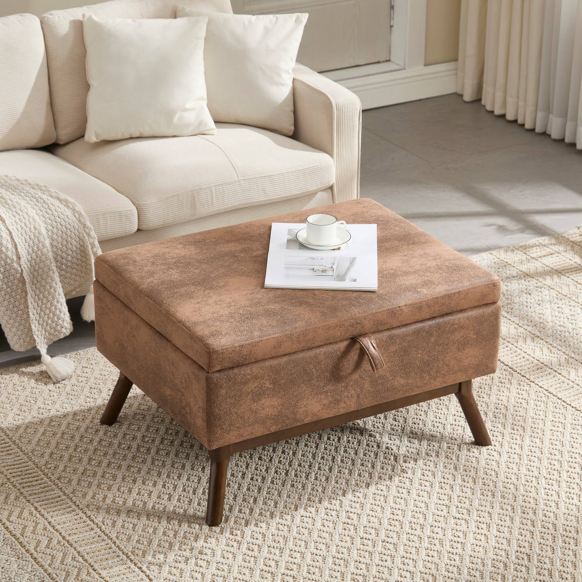 Alt View 8. GOODSILO - Mid-Century Modern Square Storage Ottoman Bench with Lift-Top Lid and Child Safety Hinge - Coffee.