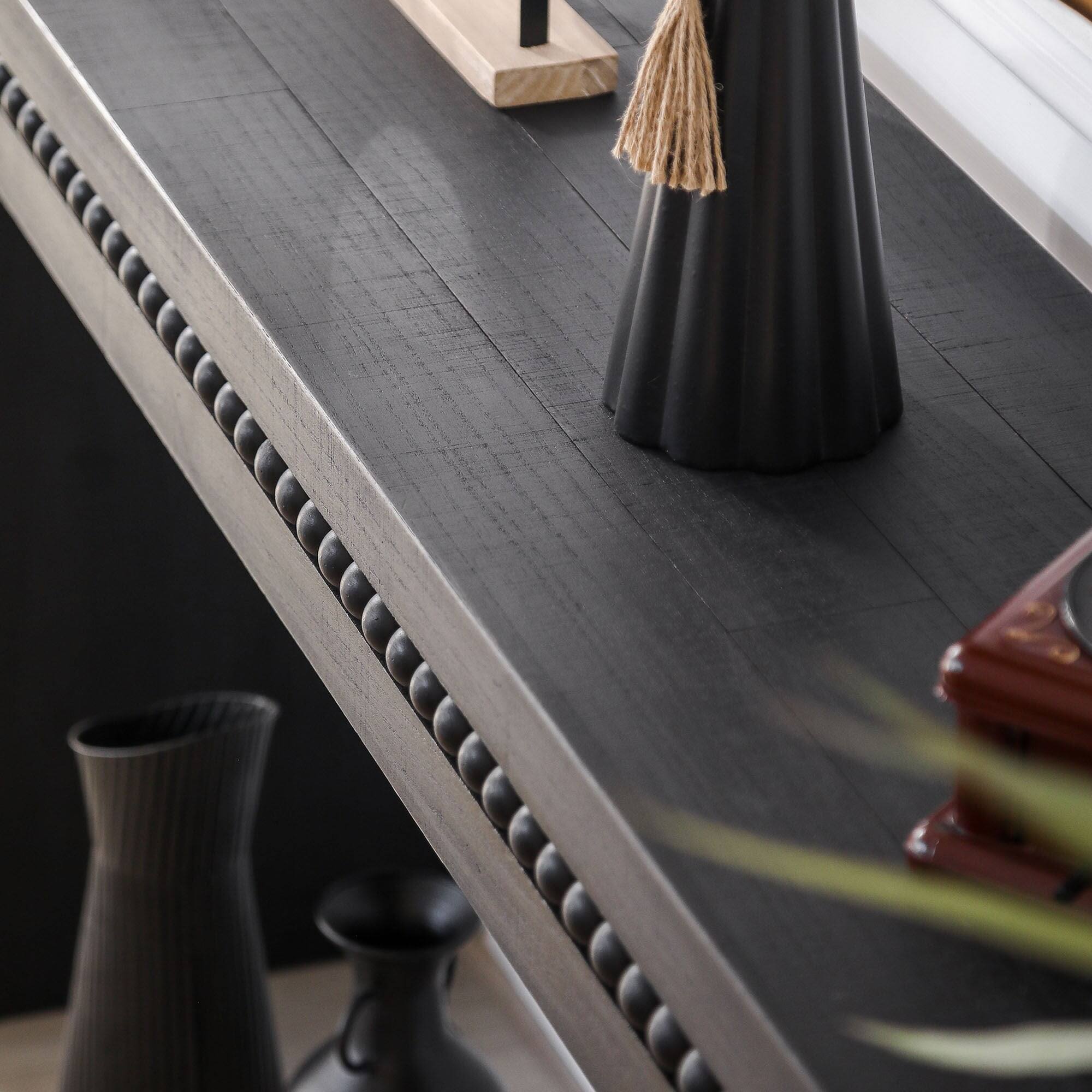 Alt View 4. Kadyn - 64in Rustic Wood Console Table – Elegant Entryway Table with Decorative Beaded Trim, Antique Black - Black.