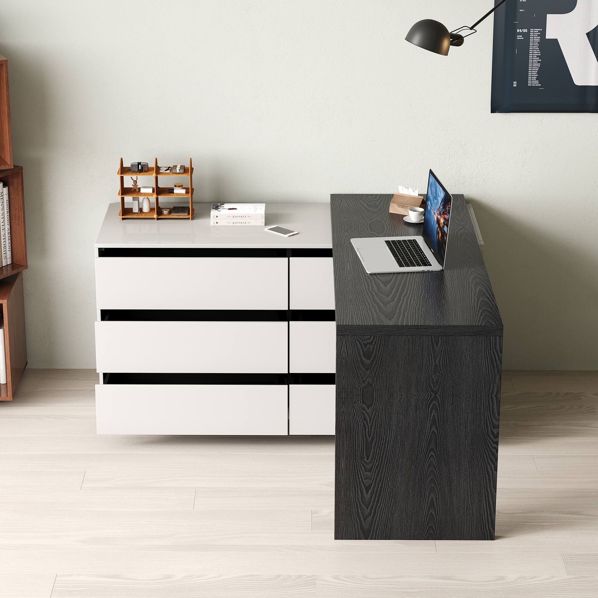 Angle. luck idea - Modern Extendable Writing Desk with 6 Drawers, Reversible Left/Right Design, Home Office Computer Desk for Bedroom & Stu - Black.