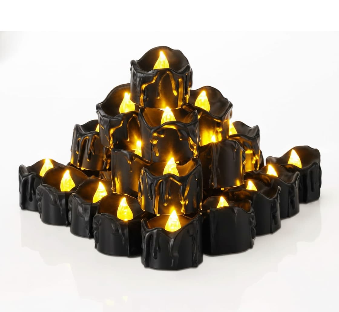 Front. FINEAK - 24 Pack Melting Black Flameless Tea Lights:Battery-Operated, Halloween Flickering LED, 1.58" Dia x 1.2"H - ‎Black.