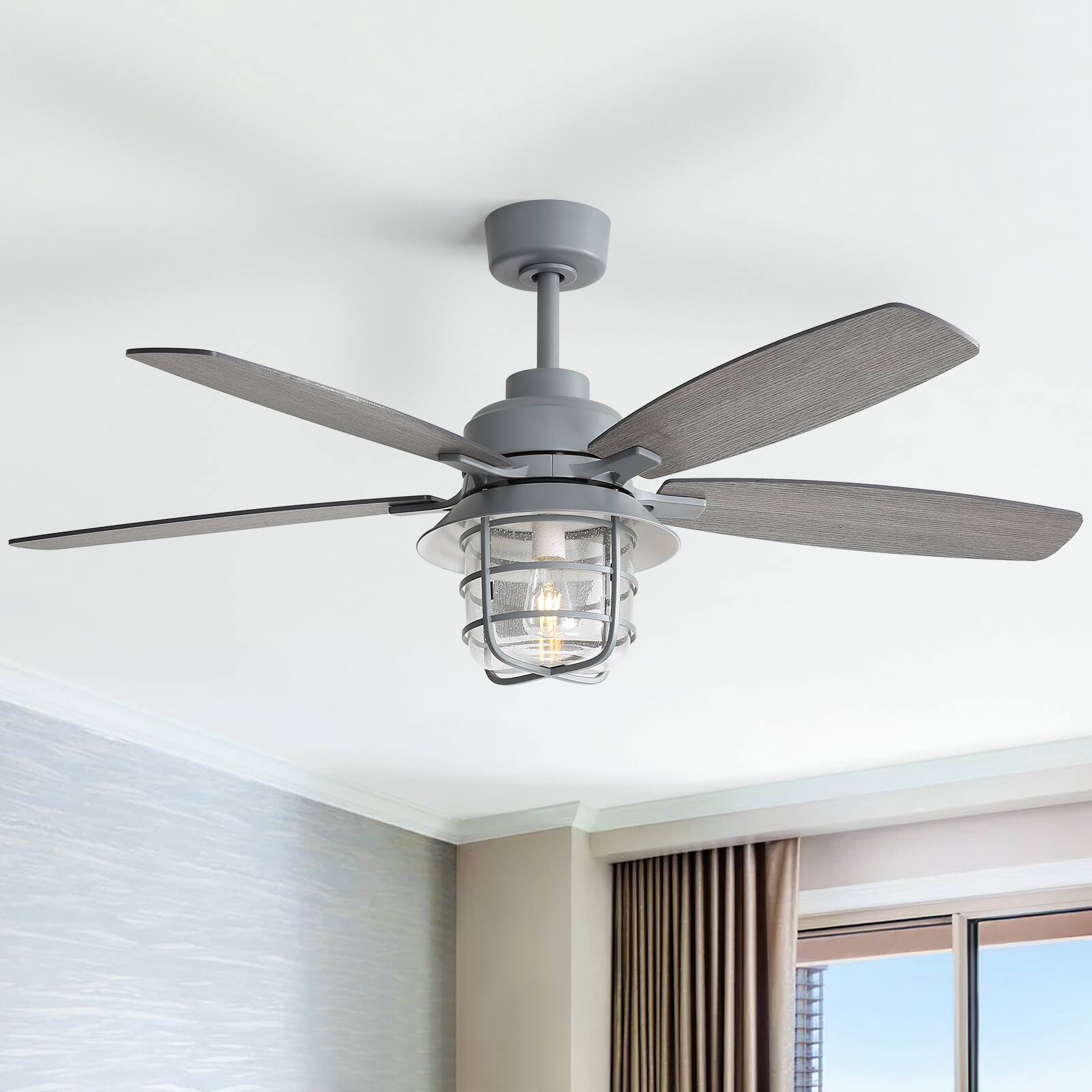 Alt View 4. Sofucor - 52" Rustic Caged Dual Finish 5-Blade Indoor Ceiling Fan with Light and Remote Industrial Farmhouse Ceiling Fans - Silver.