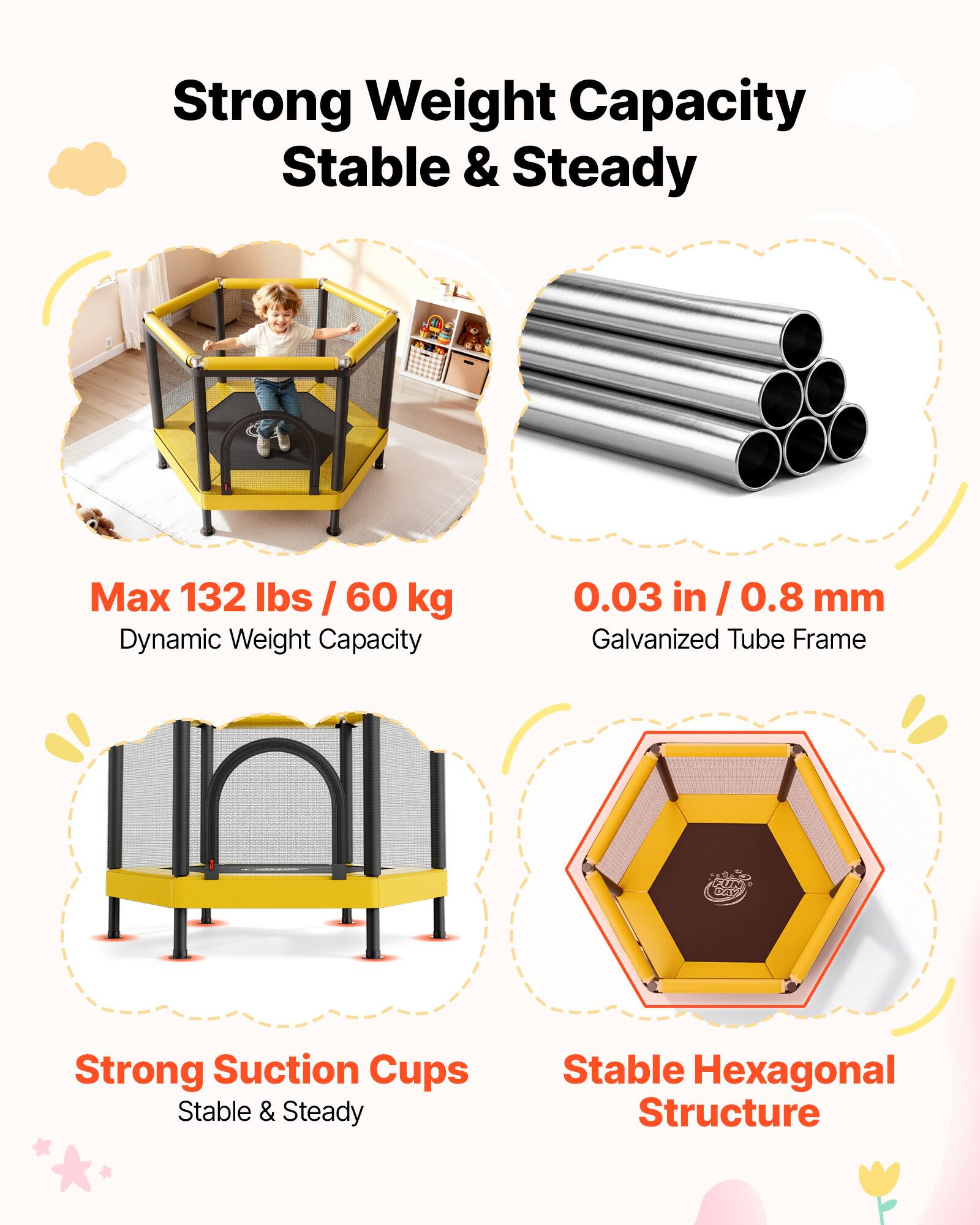 Strong Weight Capacity  
Stable & Steady  

Max 132 lbs / 60 kg  
Dynamic Weight Capacity  

0.03 in / 0.8 mm  
Galvanized Tube Frame  

Strong Suction Cups  
Stable & Steady  

Stable Hexagonal Structure