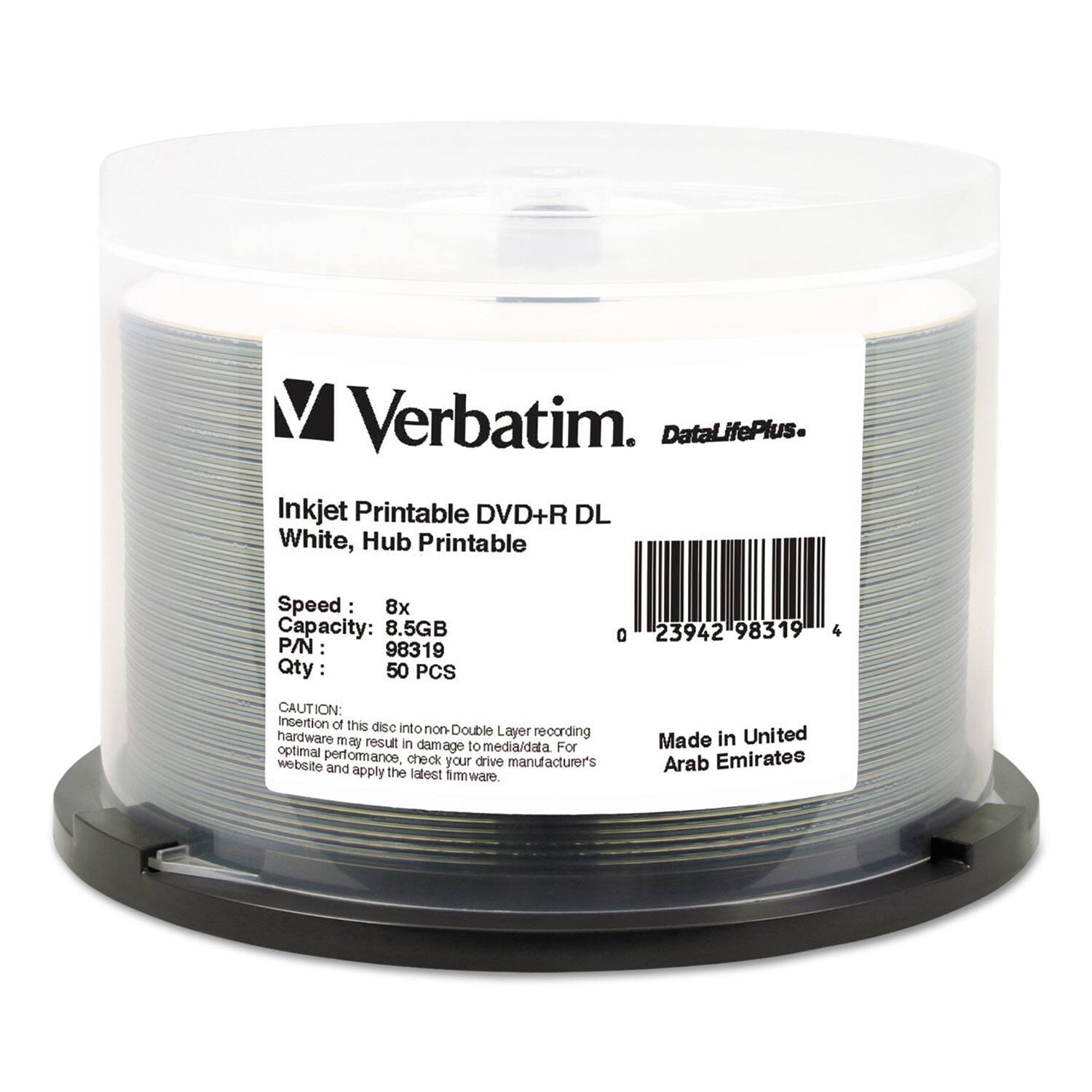 Verbatim  
DataLifePlus  
Inkjet Printable DVD+R DL  
White, Hub Printable  

Speed: 8x  
Capacity: 8.5GB  
P/N: 98319  
Qty: 50 PCS  

CAUTION: Insertion of this disc into non Double Layer recording hardware may result in damage to media/data. For optimal performance, check your drive manufacturer's website and apply the latest firmware.  

Made in United Arab Emirates  

0 23942 98319 4