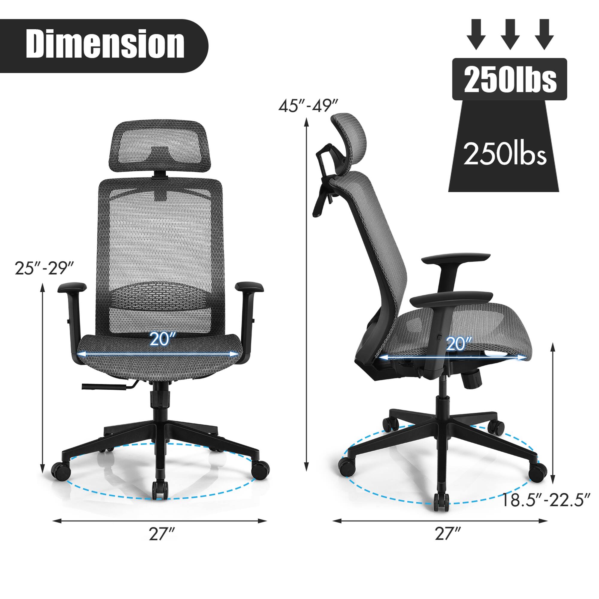 Dimension: 45"-49", 250lbs, 25"-29", 20", 18.5"-22.5", 27"