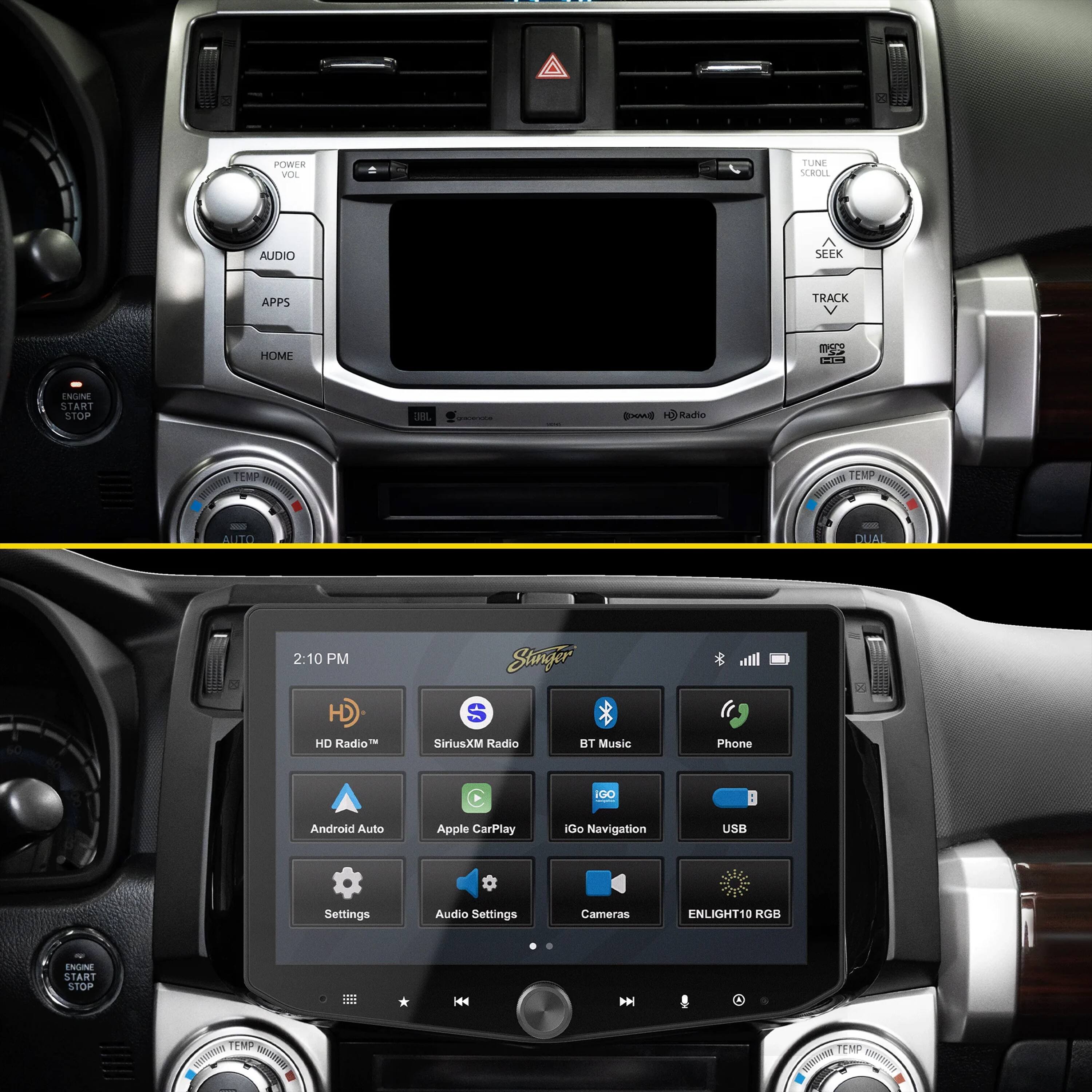 The text on the image is grouped and corrected as follows:

1. Navigation:
- IGO Navigation
- Android Auto
- Apple CarPlay
- USB Settings
- Audio Settings
- Cameras
2. Entertainment:
- HD Radio
- SirusXM Radio
- BT Music
- Phone
- IGO Android Auto
- Apple CarPlay
3. Controls:
- Power
- Tune
- Scrolling
- Audio
- Seek
- Apps
- Track
- Home
- Temperature
- Radio
- Temperature
- Emulator
- Start
- Stop
- H44
- 4 TEMP
- Emulator
- BH

These grouped and corrected text items represent the various functions and settings available in the car's entertainment and control system.