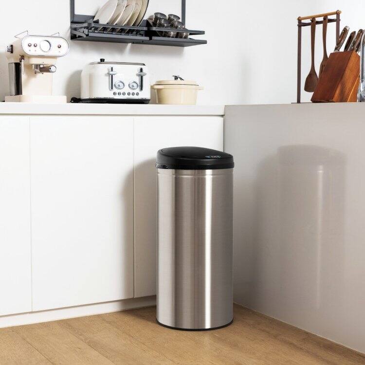 Left. Hivvago - 8-Gallon Stainless Steel Motion Sensor Trash Can Kitchen Home Office Waste Bin - Silver.