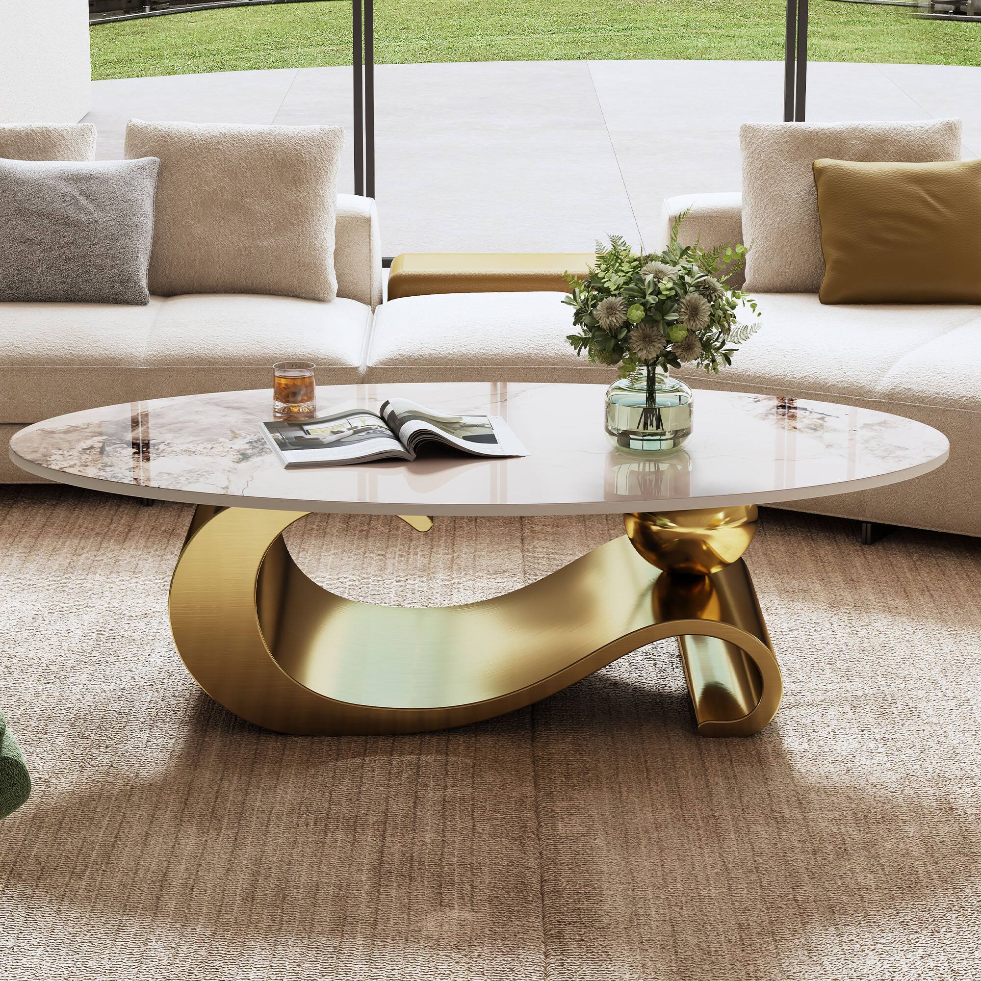 Front. Tiramisubest - 49.2" Faux Marble Oval Coffee Table, Contemporary Gold Stainless Steel Base, Modern Center Table for Living Room - Gold+White.