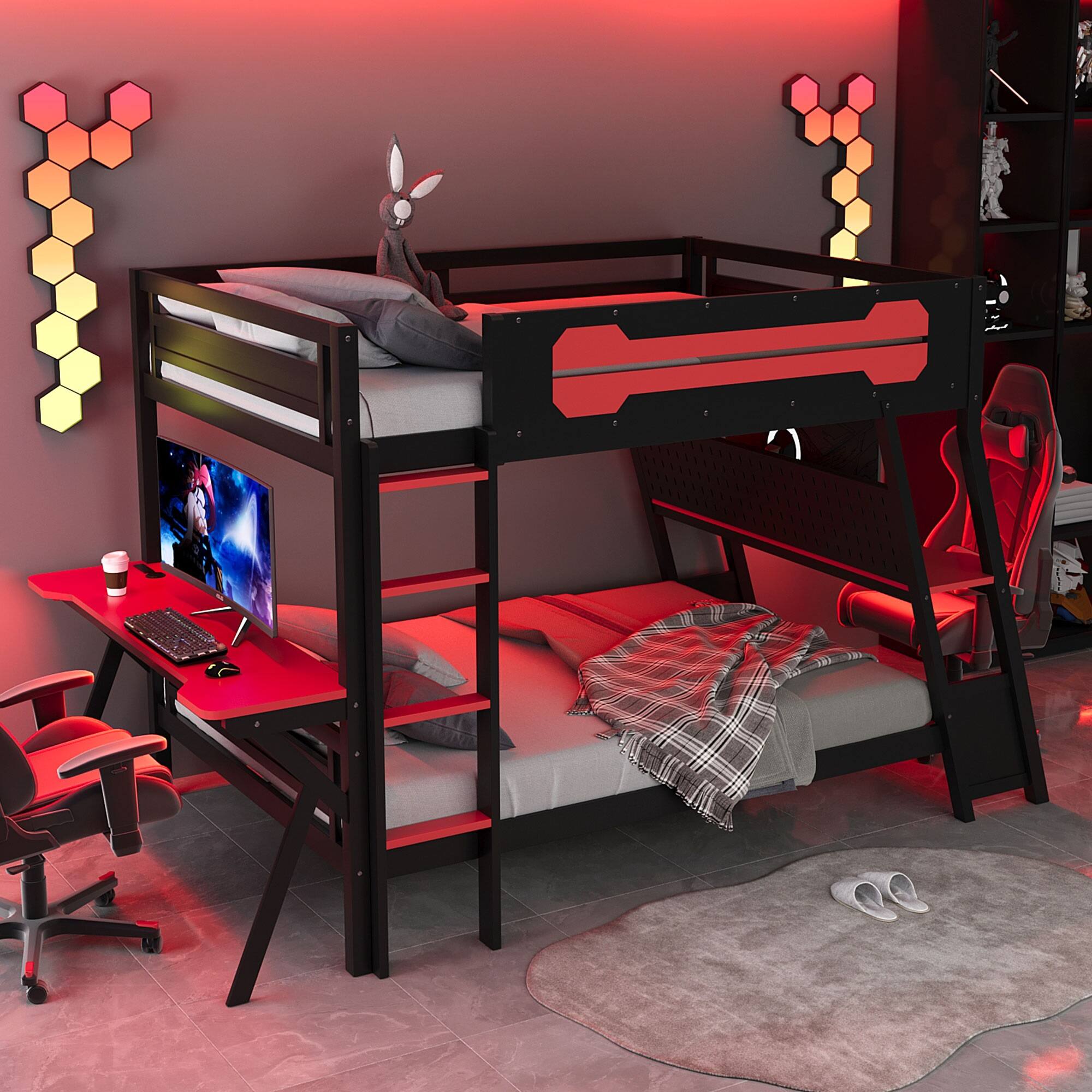 Left. Anysun - Full Size Bunk Bed with Two Built-In Gaming Desks, USB Desktop Ports & Pegboard Organizer, Gaming Bunk Frame for Gamer - Red.