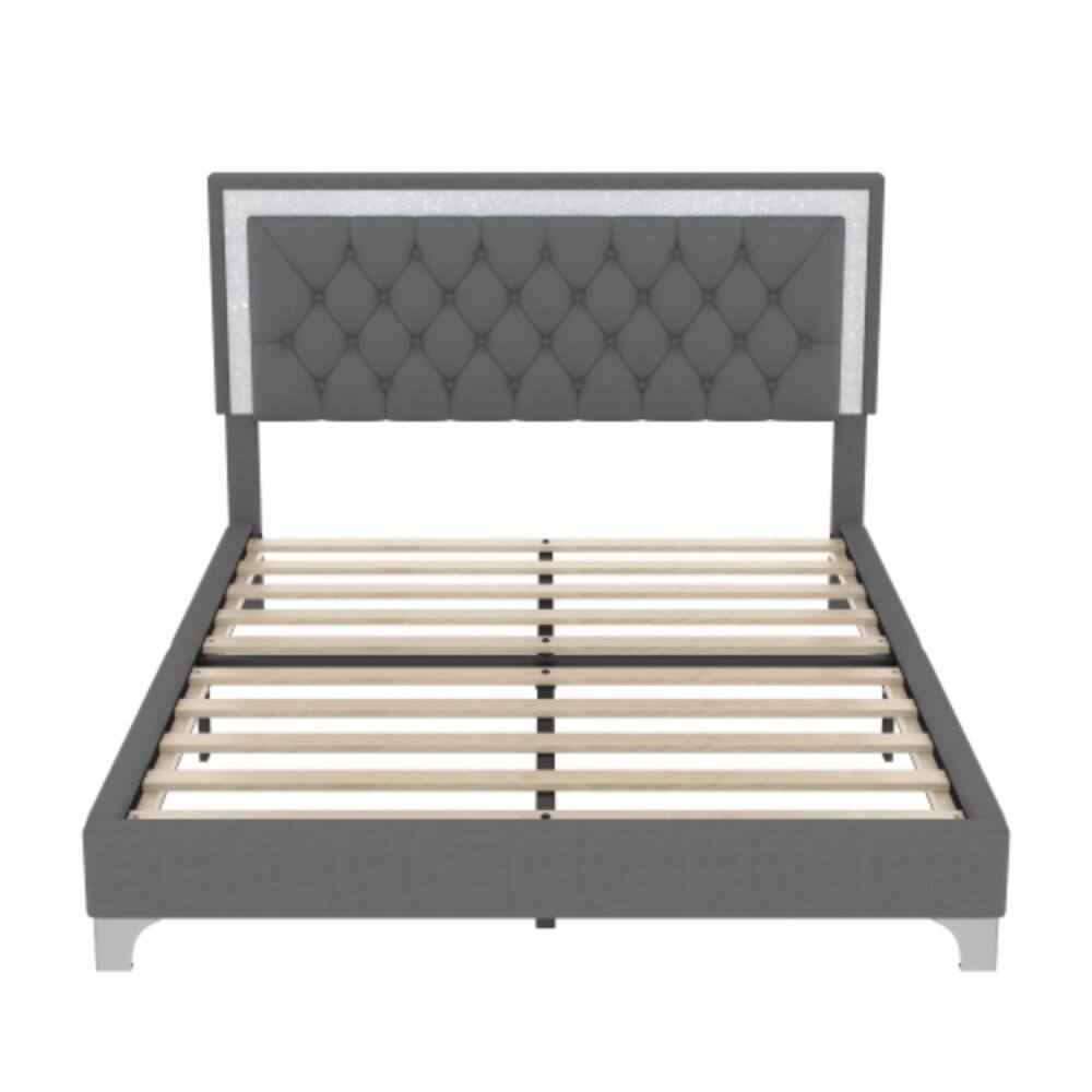Alt View 1. LUCKY ONE - Queen Size Upholstered Bed Frame with LED Lights, Velvet Platform Bed with Tufted Headboard, Wood Slats - Gray.