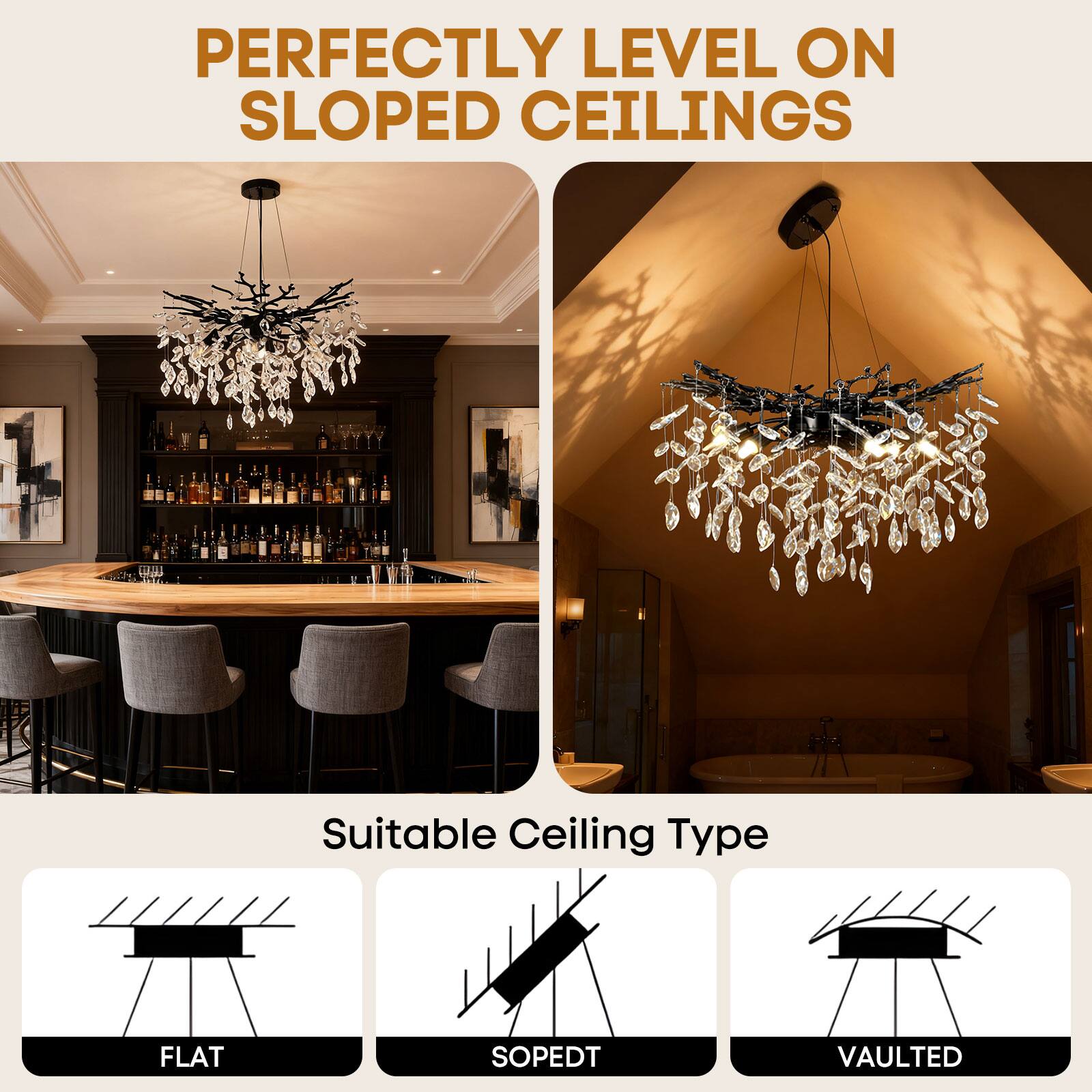 PERFECTLY LEVEL ON SLOPED CEILINGS

Suitable Ceiling Type

FLAT  
SLOPED  
VAULTED