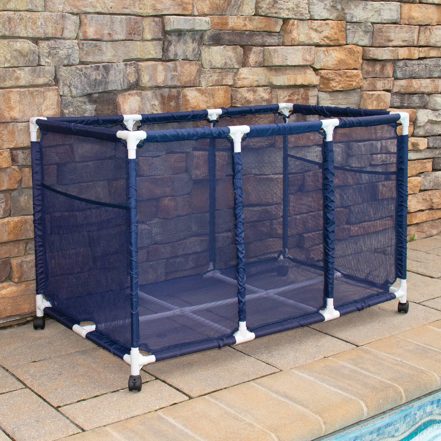 Left. Pool Bins - Pool Storage Mesh Rolling Organizer, Extra Large, 25" x 43" x 28", PB-K400.