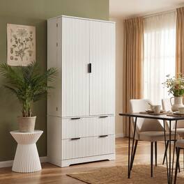 Loheer - Kitchen Pantry Cabinet, 72 Inch Modern Fluted Storage Cabinet with Doors, Drawers and Spice Rack - White