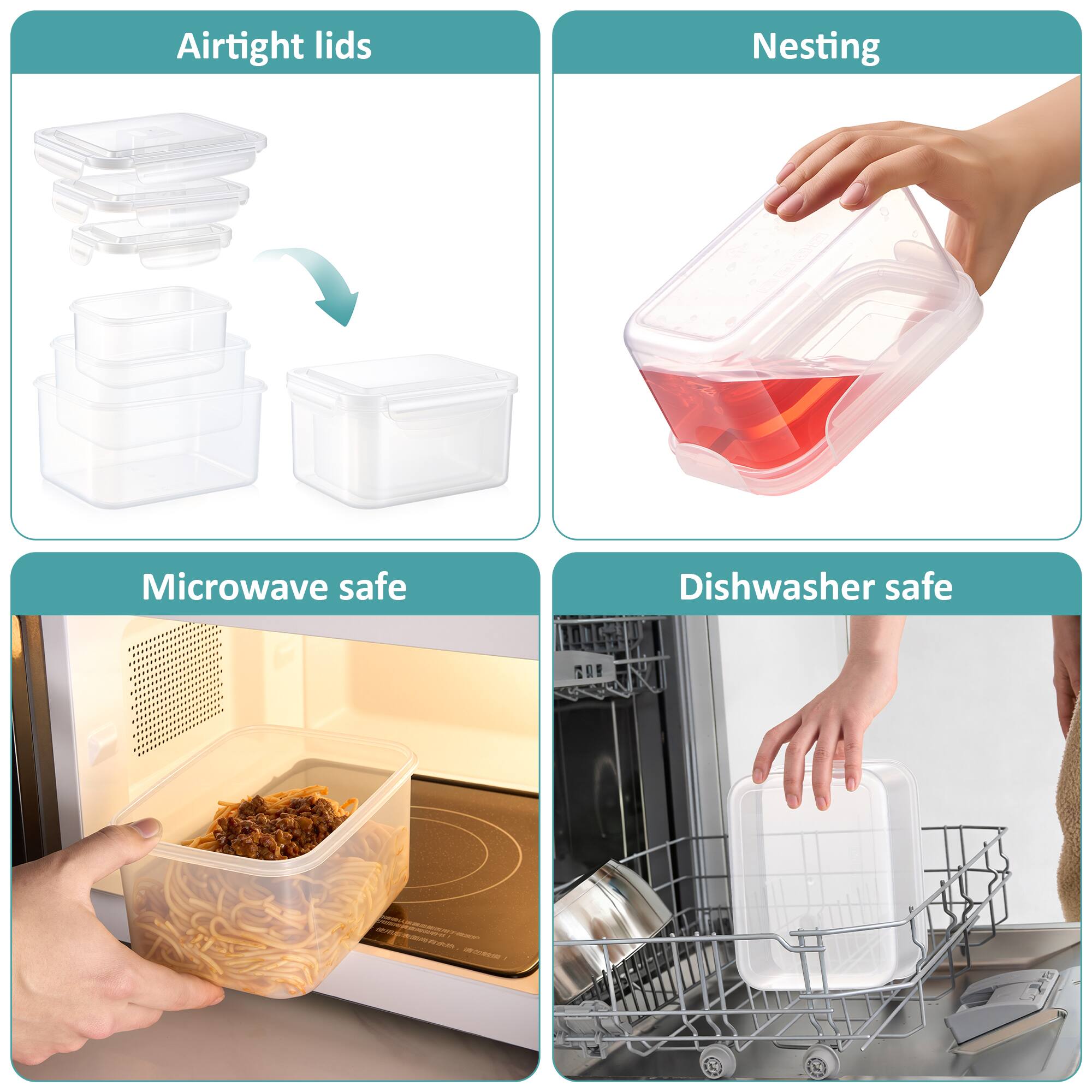 Airtight lids  
Nesting  
Microwave safe  
Dishwasher safe