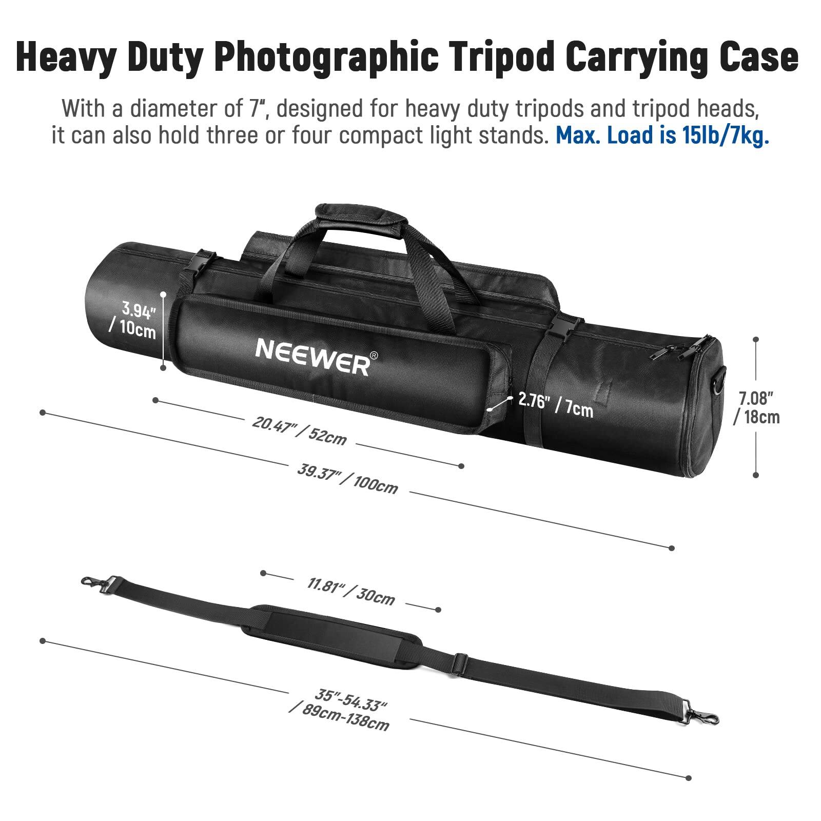 Heavy Duty Photographic Tripod Carrying Case

With a diameter of 7", designed for heavy duty tripods and tripod heads, it can also hold three or four compact light stands. Max. Load is 15lb/7kg.

- Diameter: 3.94" / 10cm
- Length: 39.37" / 100cm
- Width: 2.76" / 7cm
- Height: 7.08" / 18cm
- Strap Length: 35"-54.33" / 89cm-138cm
