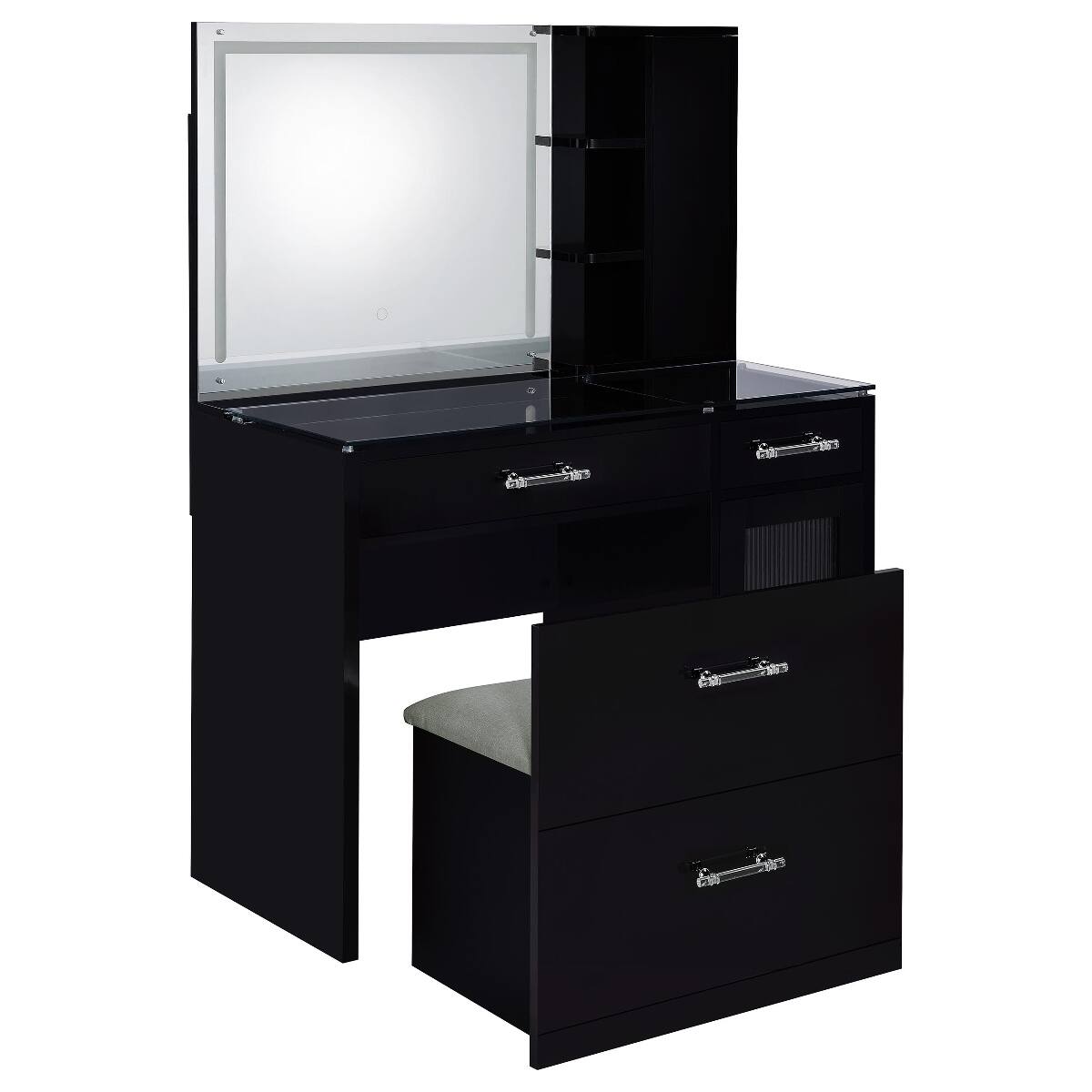 Alt View 1. Loheer - Loheer Black High Gloss Makeup Vanity with LED Mirror and Stool - Black.