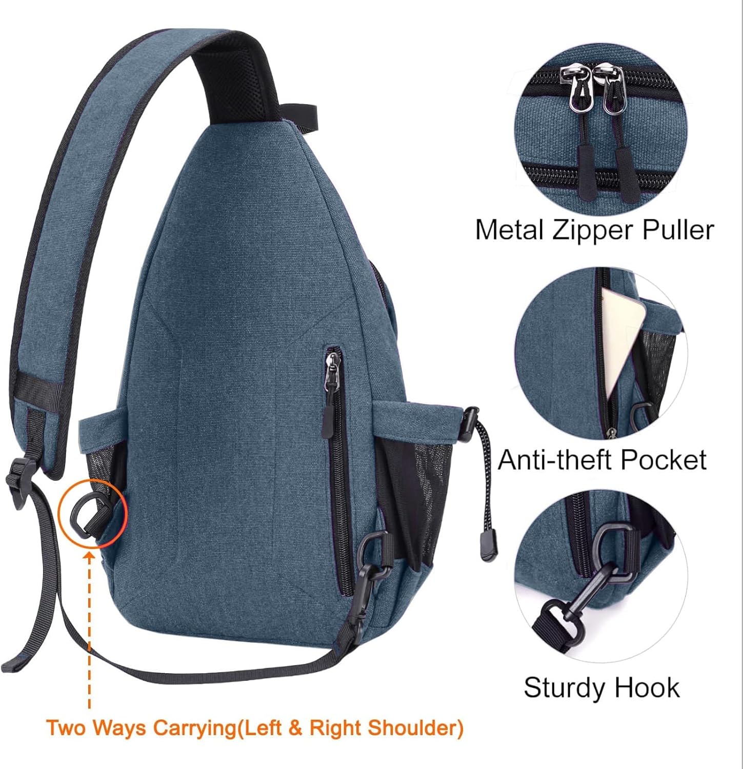 Metal Zipper Puller  
Anti-theft Pocket  
Two Ways Carrying (Left & Right Shoulder)  
Sturdy Hook