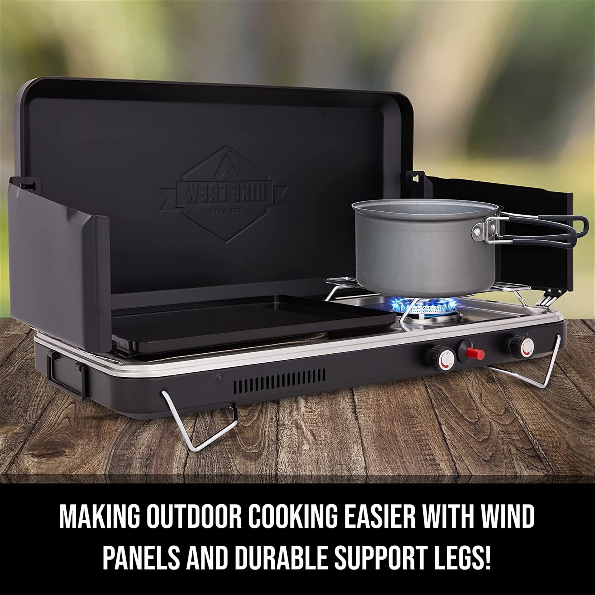 HIKER CREW 53  d MAKING OUTDOOR COOKING EASIER WITH WIND PANELS AND DURABLE SUPPORT LEGS!
