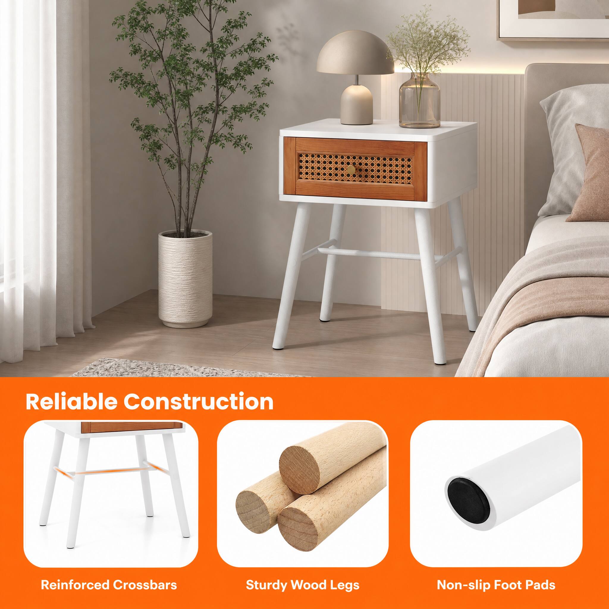 Reliable Construction  
Reinforced Crossbars  
Sturdy Wood Legs  
Non-slip Foot Pads