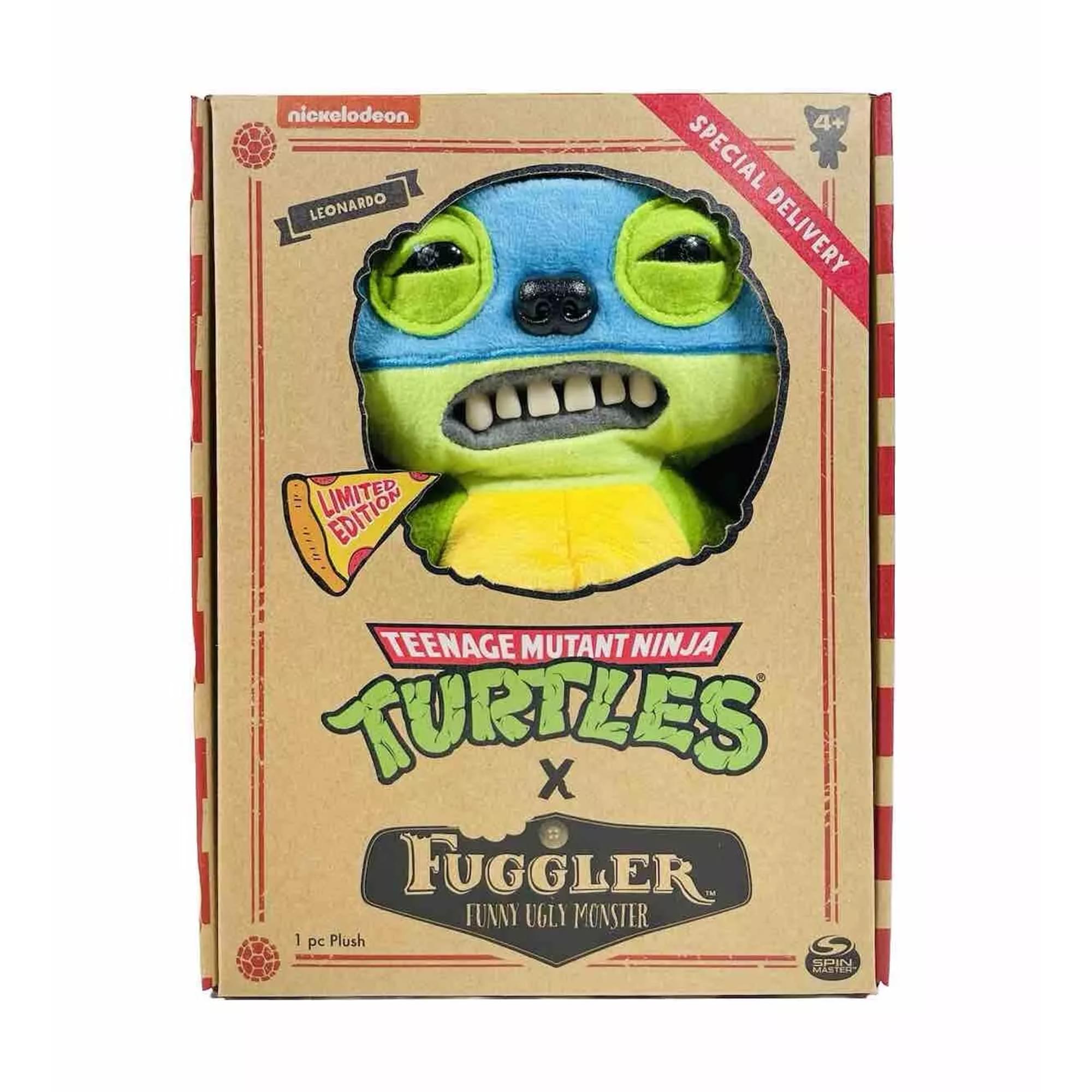 Sure, here is the corrected and grouped text from the image:

---

**Nickelodeon**

**LEONARDO**

**SPECIAL DELIVERY**

**LIMITED EDITION**

**TEENAGE MUTANT NINJA TURTLES X FUGGLER**

**FUNNY UGLY MONSTER**

**1 pc Plush**

**SPIN MASTER**

---

This text is arranged as it appears on the packaging.