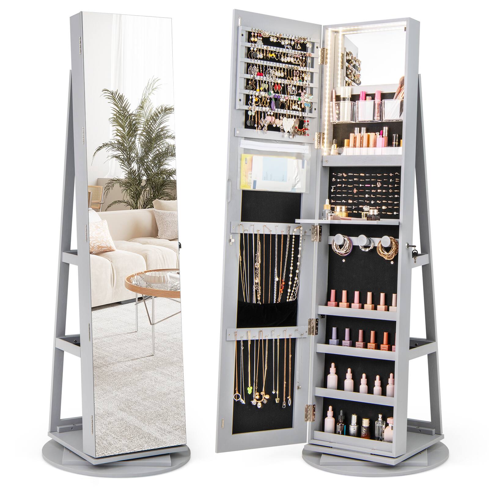 Gymax - 360° Rotating Mirrored Jewelry Cabinet Armoire 3 Color LED Modes Lockable - Gray price history on PriceWatchPro